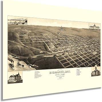 HISTORIX Vintage 1883 Bismarck North Dakota Map - 18x24 Inch Vintage Bismarck Wall Art - Old Bismarck North Dakota Map - Birds Eye View of Bismarck ND & County Seat of Burleigh Poster