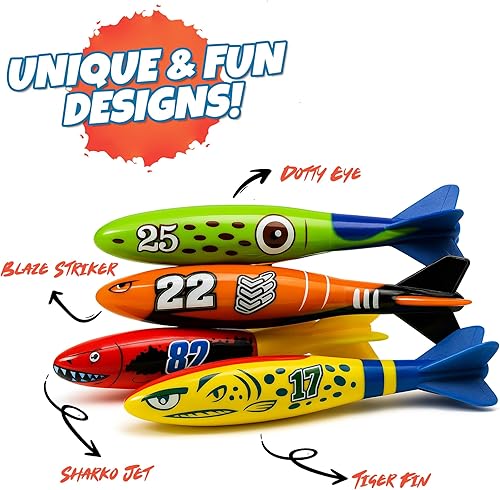 Miniatura 8 de 4 piezas Torpedo tiburón buceo juguetes para niños juguetes de agua al aire libre colorido juguete de natación hundimiento lanzar torpedo para niños