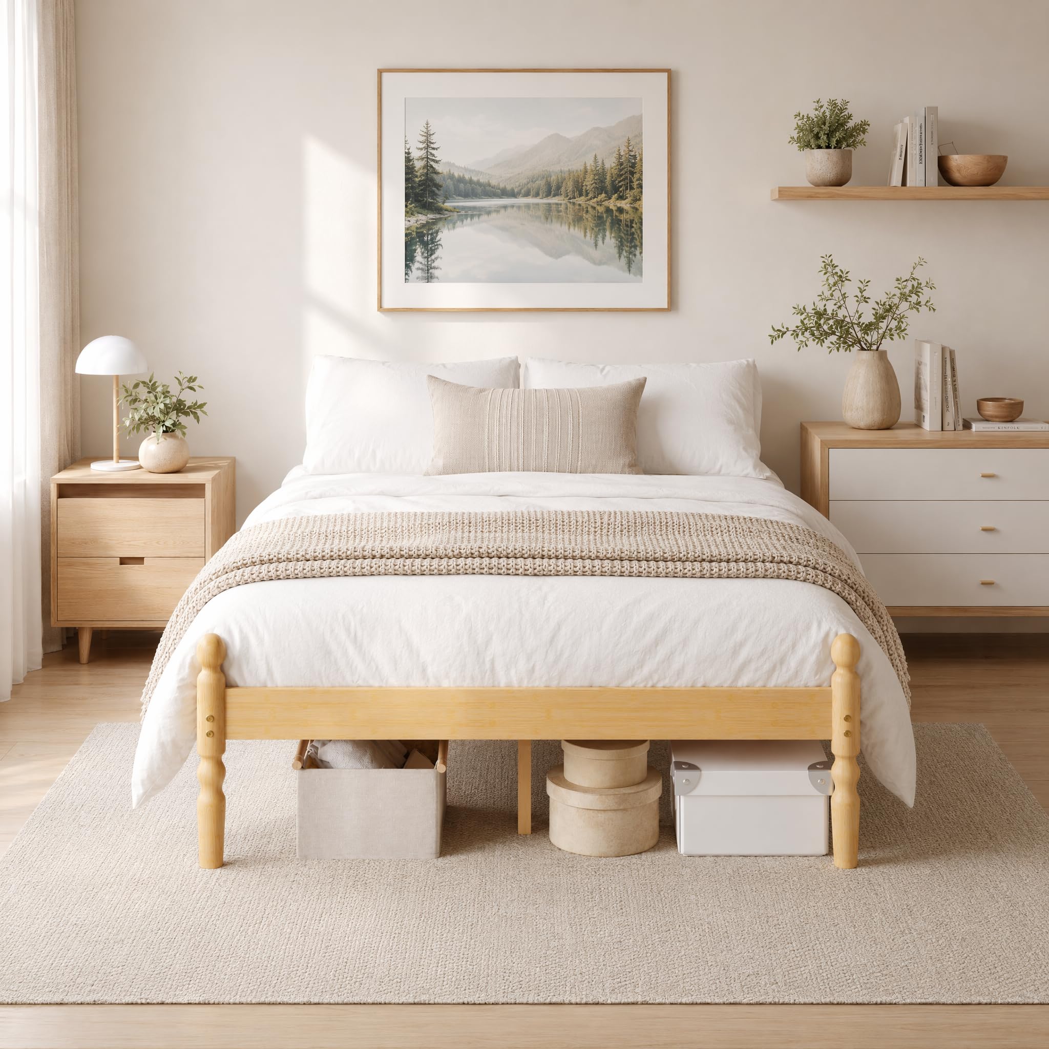 APEXTELLA HOME Double Bed Frame 14-inch Natural Bamboo Wood Platform Bed with Metal Slats Support and Mattress Slide Stopper, Underbed Storage Space, Noise-Free, Easy Assembly, Eco-friendly Materials