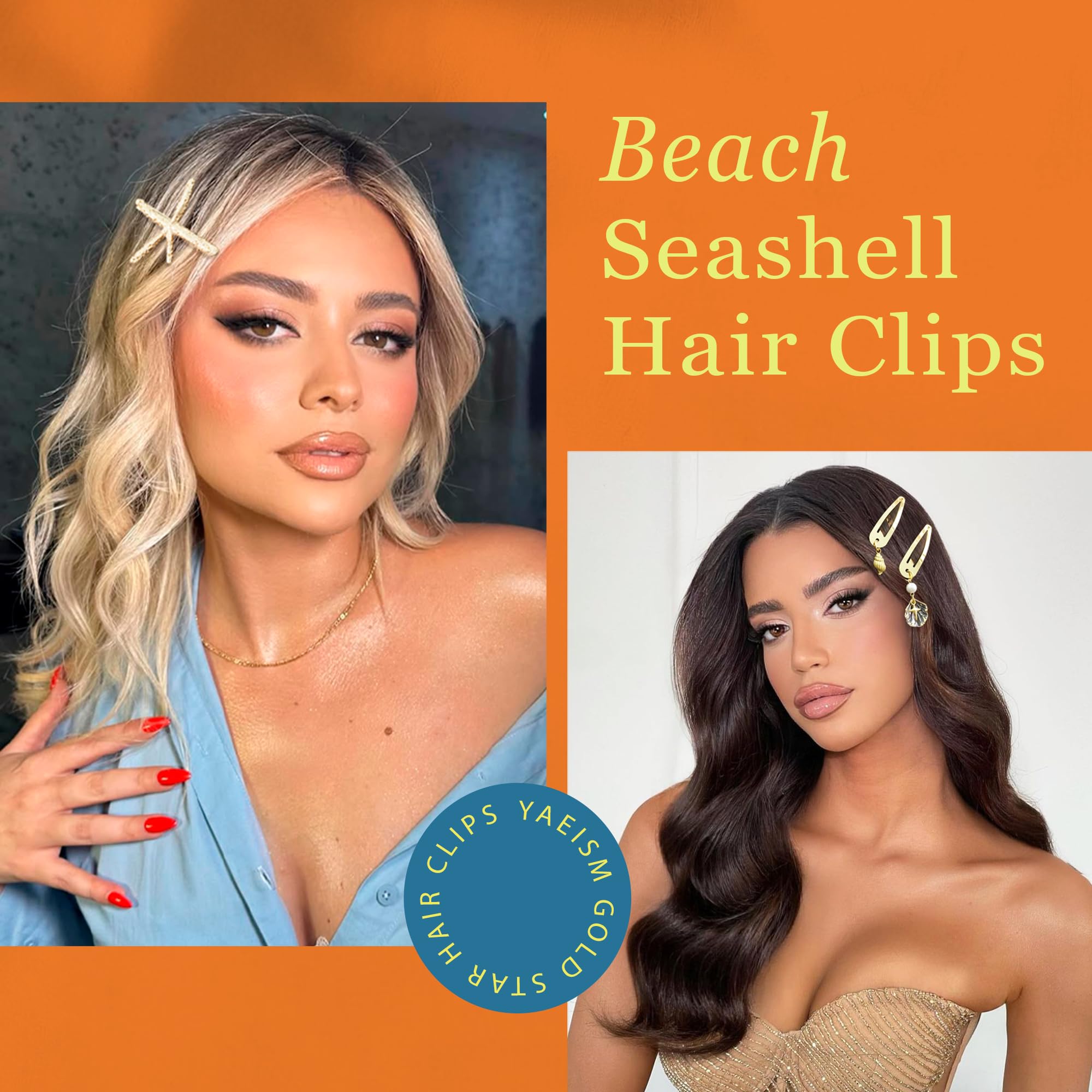 10 pinzas para el pelo con diseño de estrella de mar azul brillante dorado con conchas marinas Y2K, accesorios para el cabello para mujeres y niñas