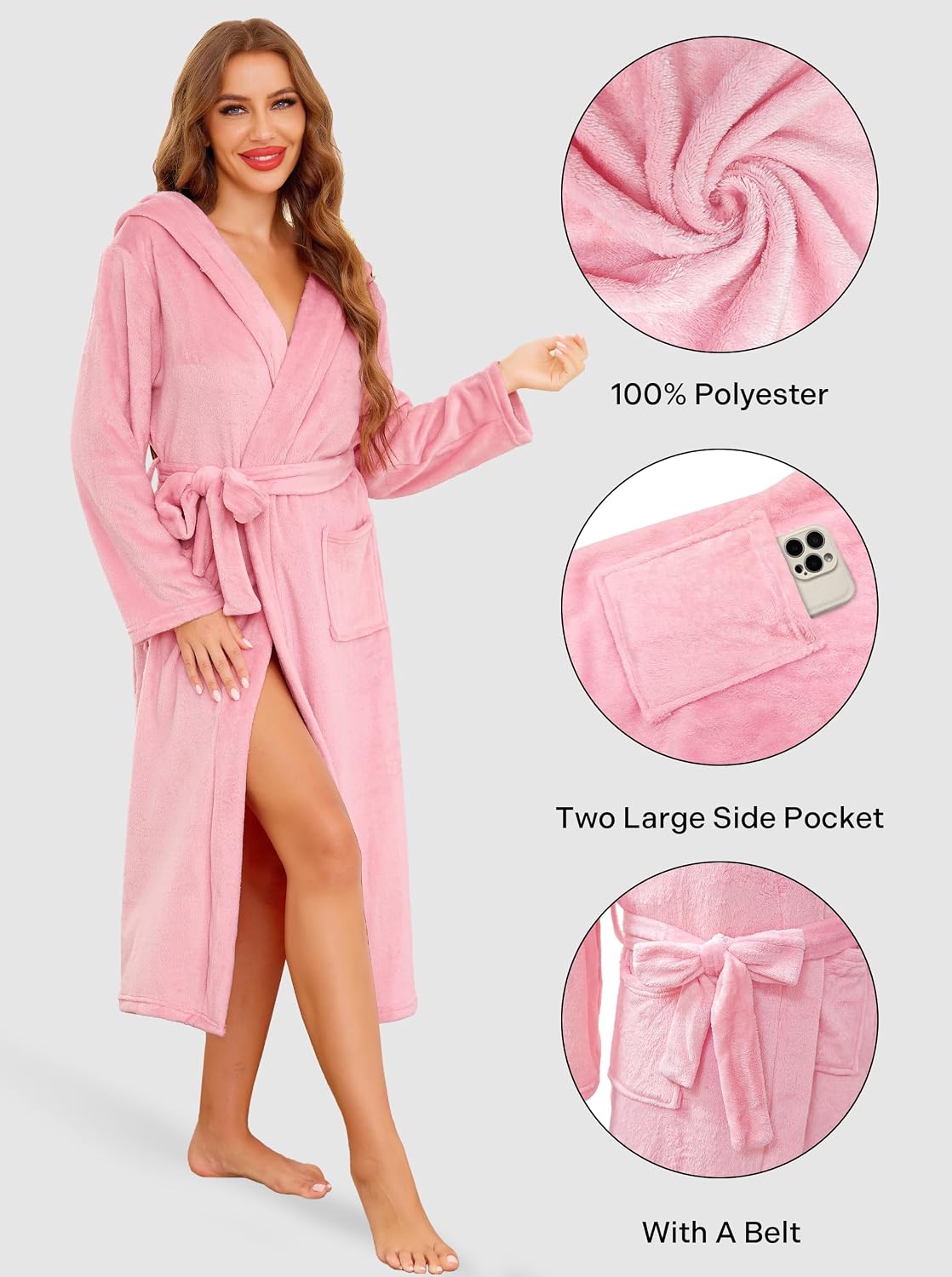 Women's Fleece Dressing Gown Warm Dressing Gown with Hood and Pockets Flannel Bathrobe Winter S-XXL image 4