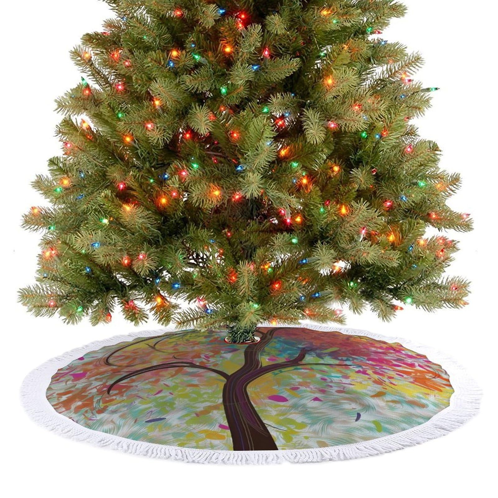 Colorful Tree Christmas Tree Skirt 30"x30" Rustic Xmas Tree Mat with Tassel Ornament Christmas Trees Cover Skirt Mat for Evergreen Trees Ornament Winter Holiday Mats Decorations