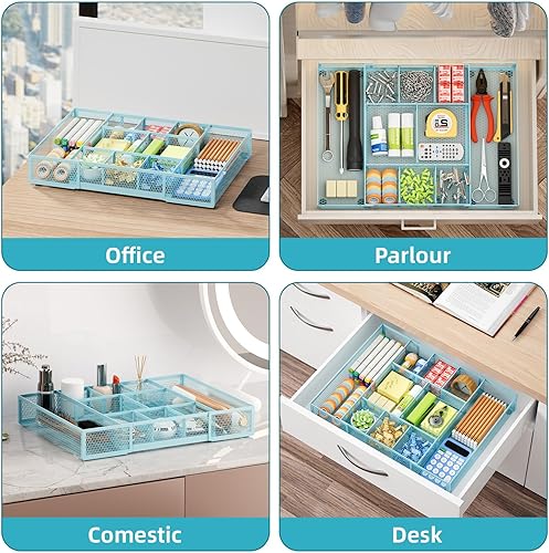 Miniatura 12 de Marbrasse Organizador de cajones de escritorio expandible, bandeja organizadora de cajones de malla con 10 compartimentos ajustables, organizadores