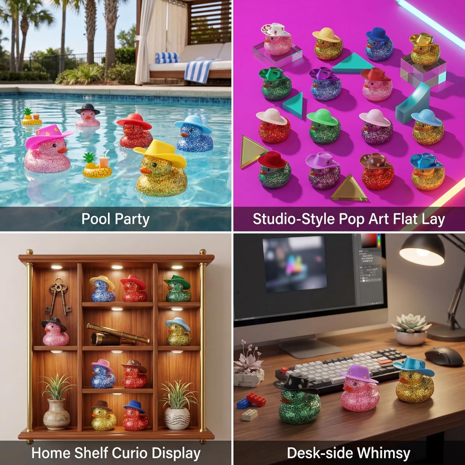 Realspring 200 Pcs Glitter Rubber in Bulk Summer Mini Rubber Ducks Bath Toy Accessories Sunglasses Necklace Hat for Baby Shower Birthday Swimming Party Gift Favor, 2 Inches