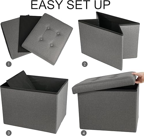 Miniatura 23 de LotFancy Otomana de almacenamiento, taburete plegable para reposapiés, banco pequeño de cuero de 13 x 12 x 12 pulgadas con almacenamiento, soporta