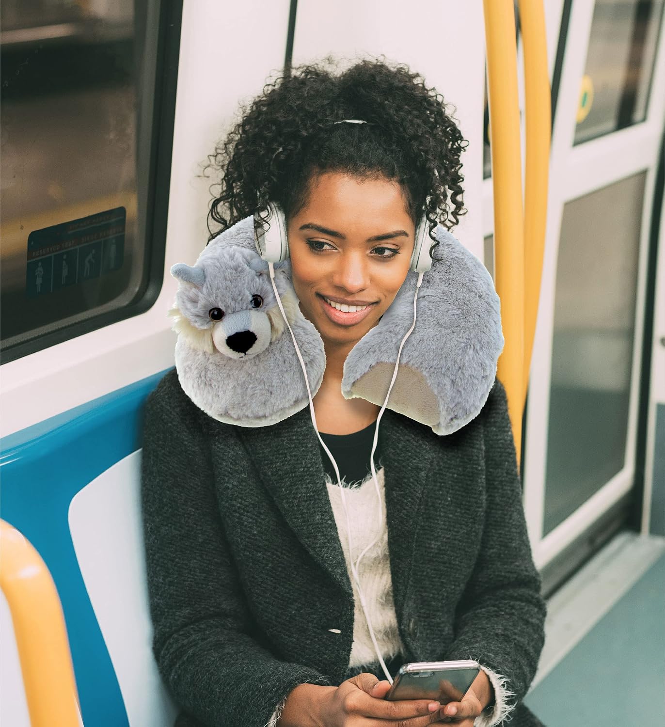 Puzzled DolliBu Wolf Plush Neck Pillow - Soft Travel Neck Pillow Animal for Neck & Head Support, Cute Wild Life Stuffed Pillow Accessory for Naps, Novelty Stuffed Animal Headrest for Kids & Adults