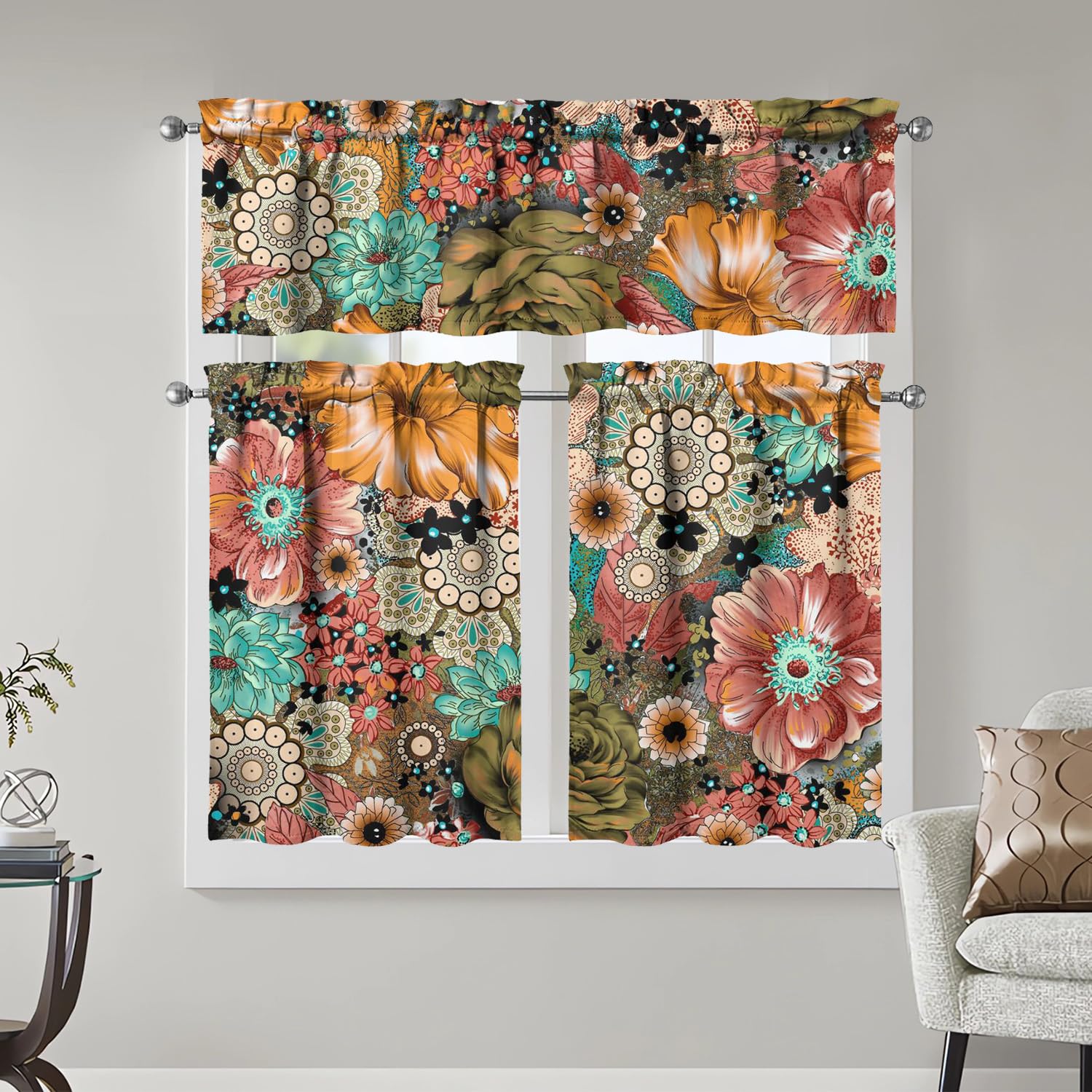 Boho Kitchen Curtains 3 Piece Set Tier Valance Window Decor