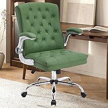 Modern Leather Office Chair, Mid-Back Ergonomic Executive Desk Chair with Flip Up Arm, Mid Century Swivel Chair, Rocking Computer Chair Vanity Chair with Wheels for Home Office, Meeting Room, Green