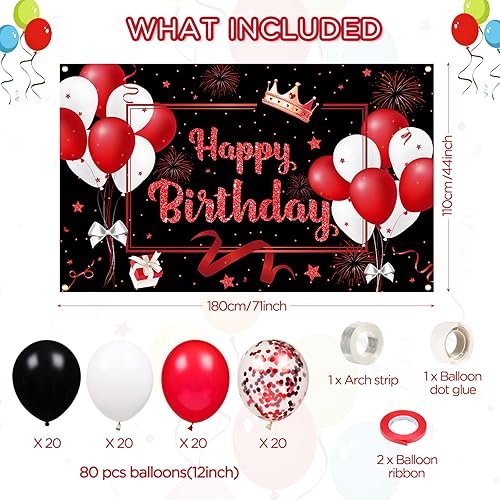 Miniatura 6 de 81 piezas de decoración de fiesta de cumpleaños rojo y negro, pancarta grande roja de feliz cumpleaños y 80 piezas de 12 pulgadas, kit de guirnalda
