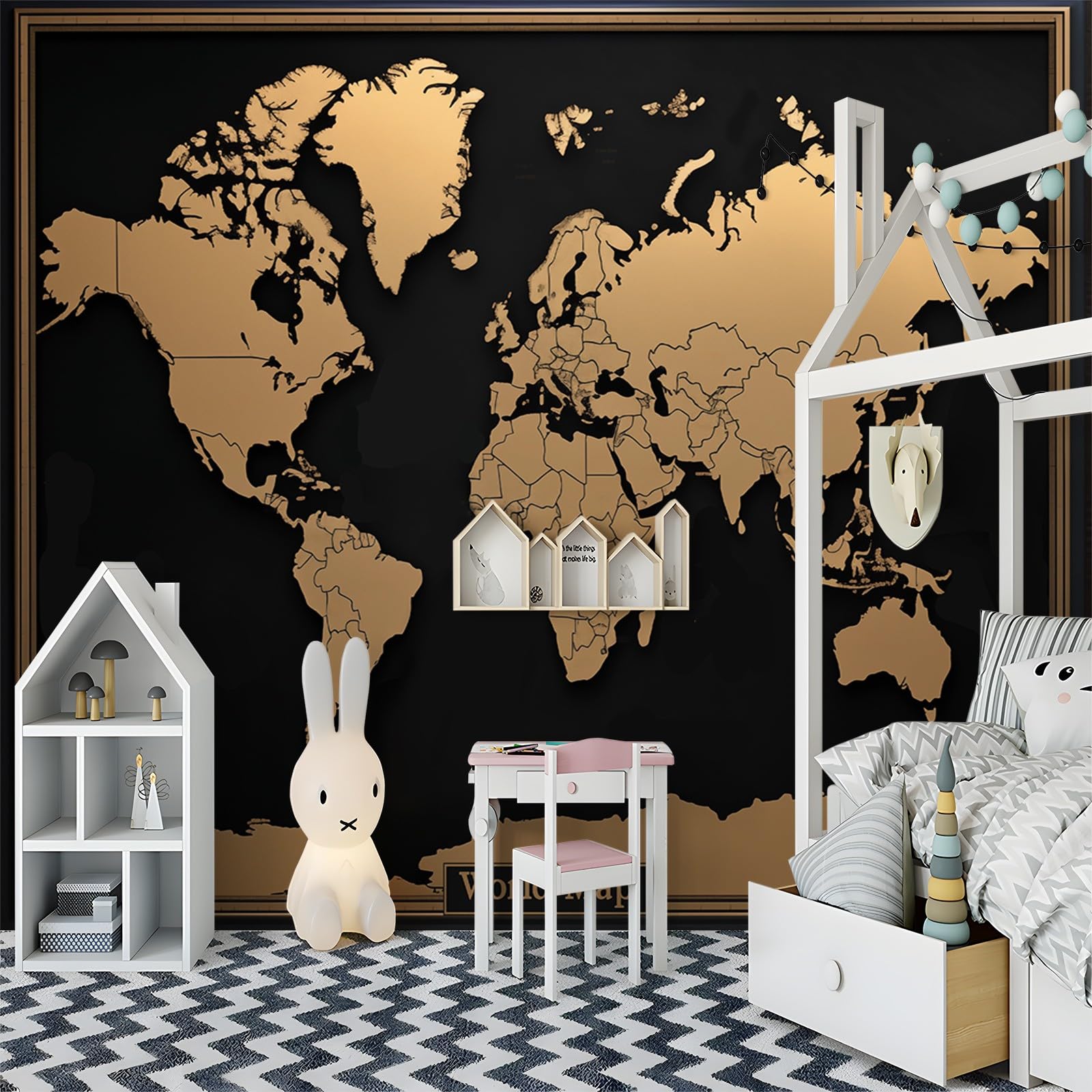 Papier Peint Intissé Photo Mural Carte du monde - Décoration Murale Toison pour Salon, Chambre à Coucher, Salle - Tableaux Tapisserie Photo - 300 x 210 cm Bordure noire