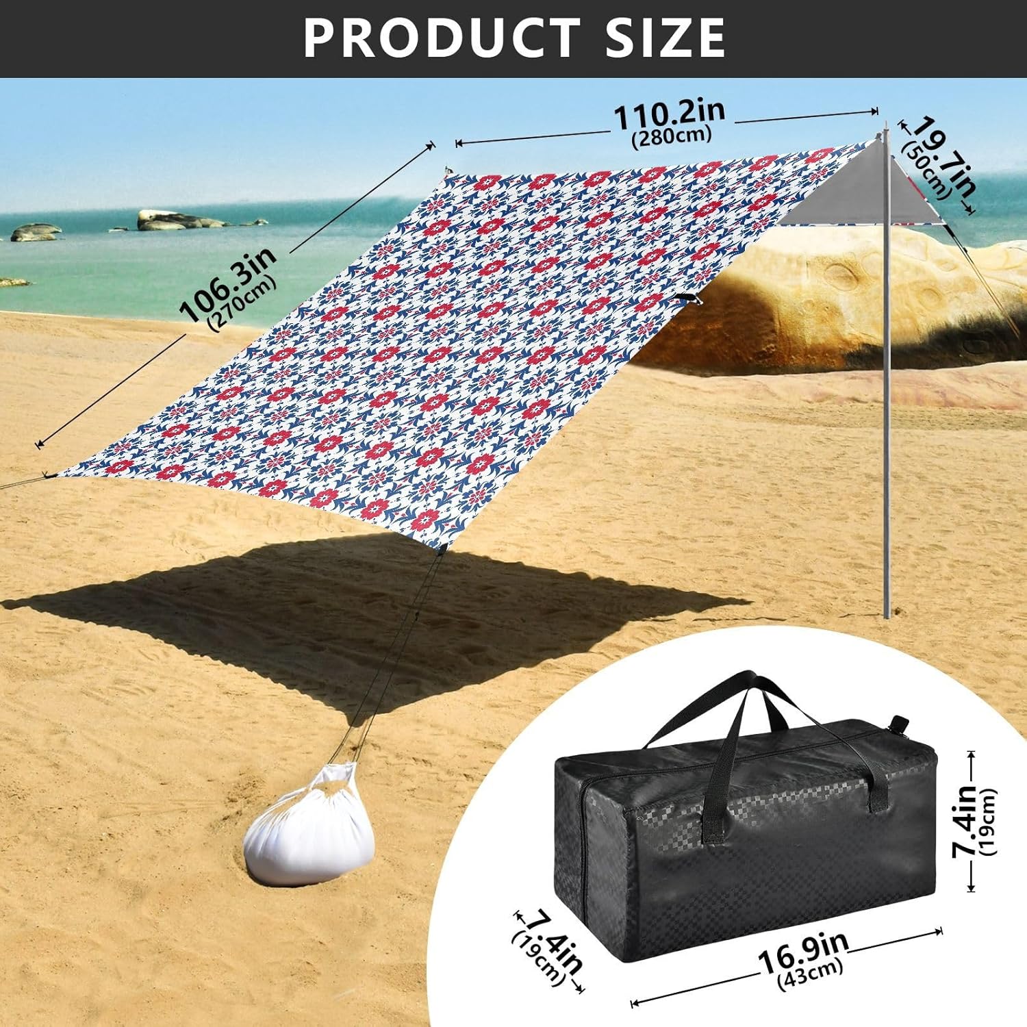 ALAZA Abstract Flowers Floral Beach Tent Sun Shelter UPF50+ Protection Beach Shade Canopy w/ 4 Sandbags for Outdoor Camping, Fishing, Backyard Fun, Picnic, 10x9 ft