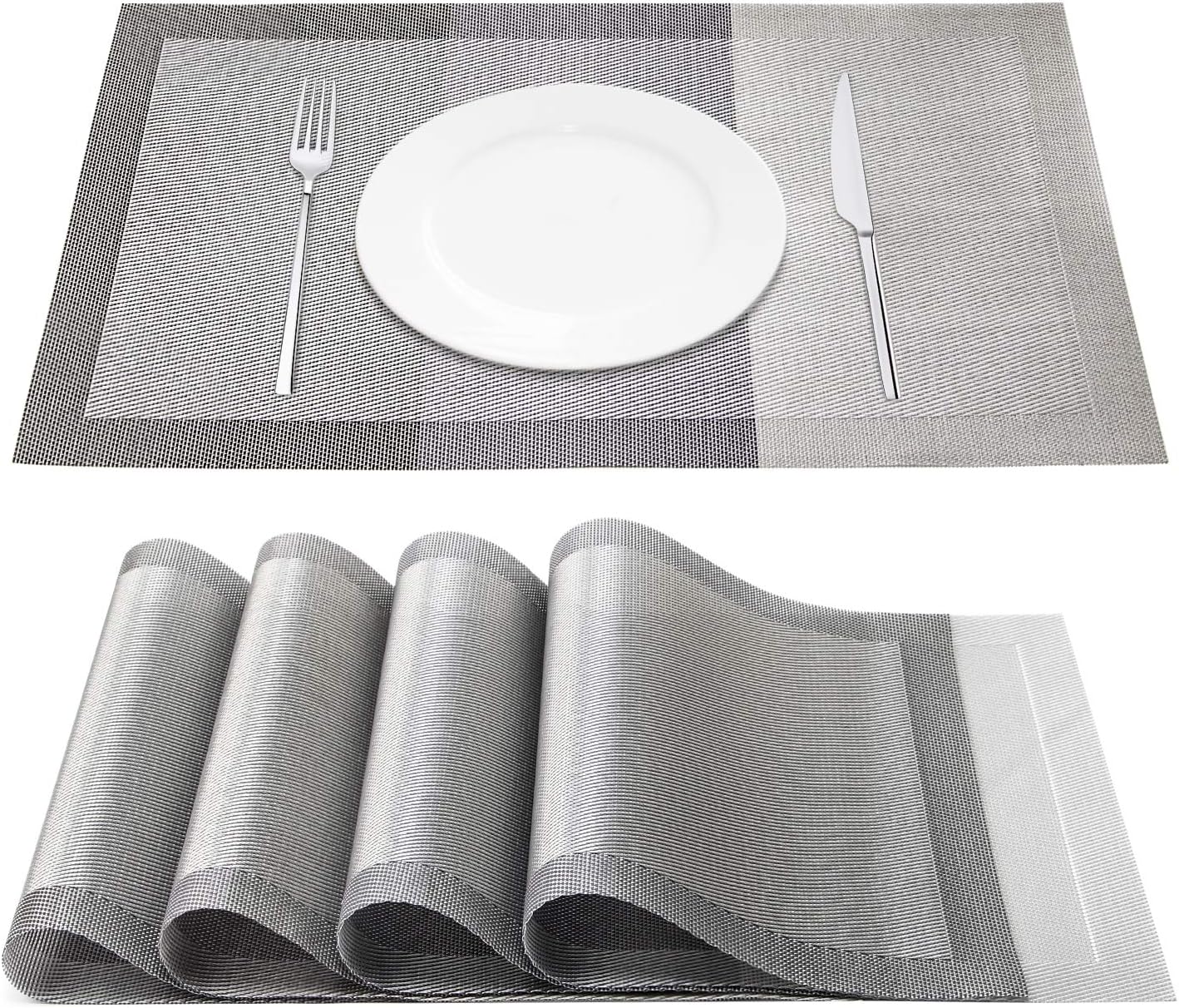 Chrider Placemats Set of 4, Heat-Resistant Woven Vinyl Placemat, Washable PVC Mats Set, Non-Slip Premium Plastic Table Mats for Dining Table, Kitchen Table (Gradient Gray)