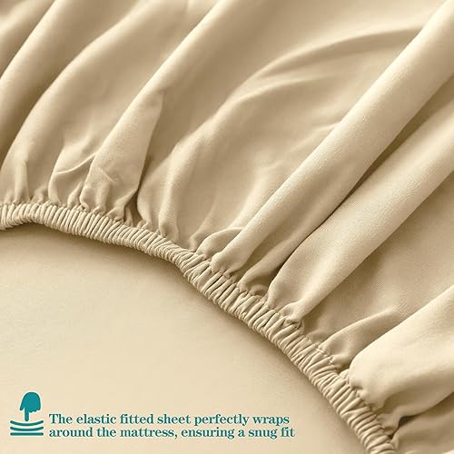 Miniatura 5 de Heywaller Juego de sábanas de 6 piezas de color beige camello con bordes similares, tamaño Queen, sábanas de bolsillo profundo para colchón de 16