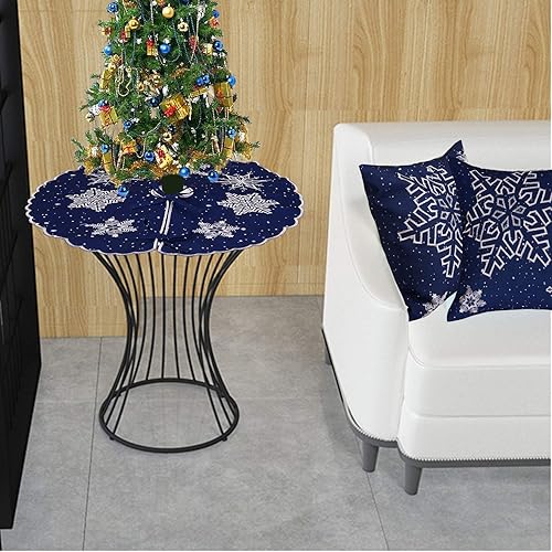 Miniatura 3 de Simhomsen Falda Pequeña Mini para Árbol de Navidad Bordada con Copos de Nieve, solo para Árbol de Lápiz de Mesa (Azul Marino, Redondo de 21 Pulgadas)