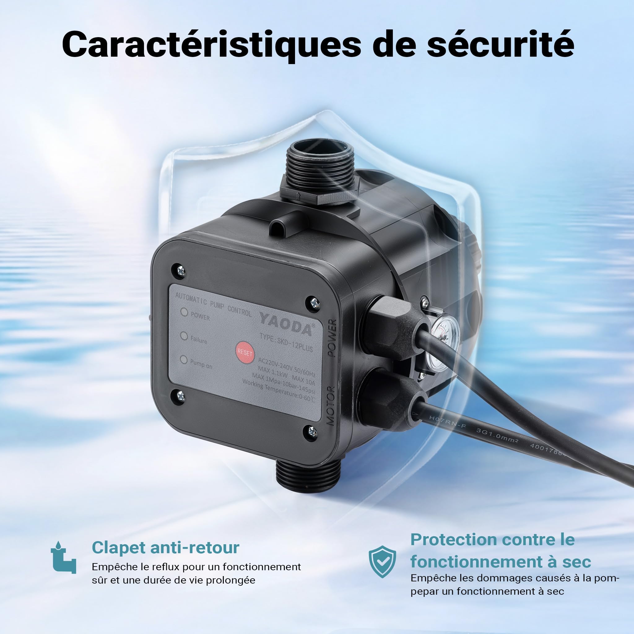 Wiltec Pressostat EPC-5 avec 2 Câbles – 175 x 185 x 150 mm – 230 V – 10 bars – Réseaux d’eaux domestiques & Pompes monophasées – Anti-marche à sec