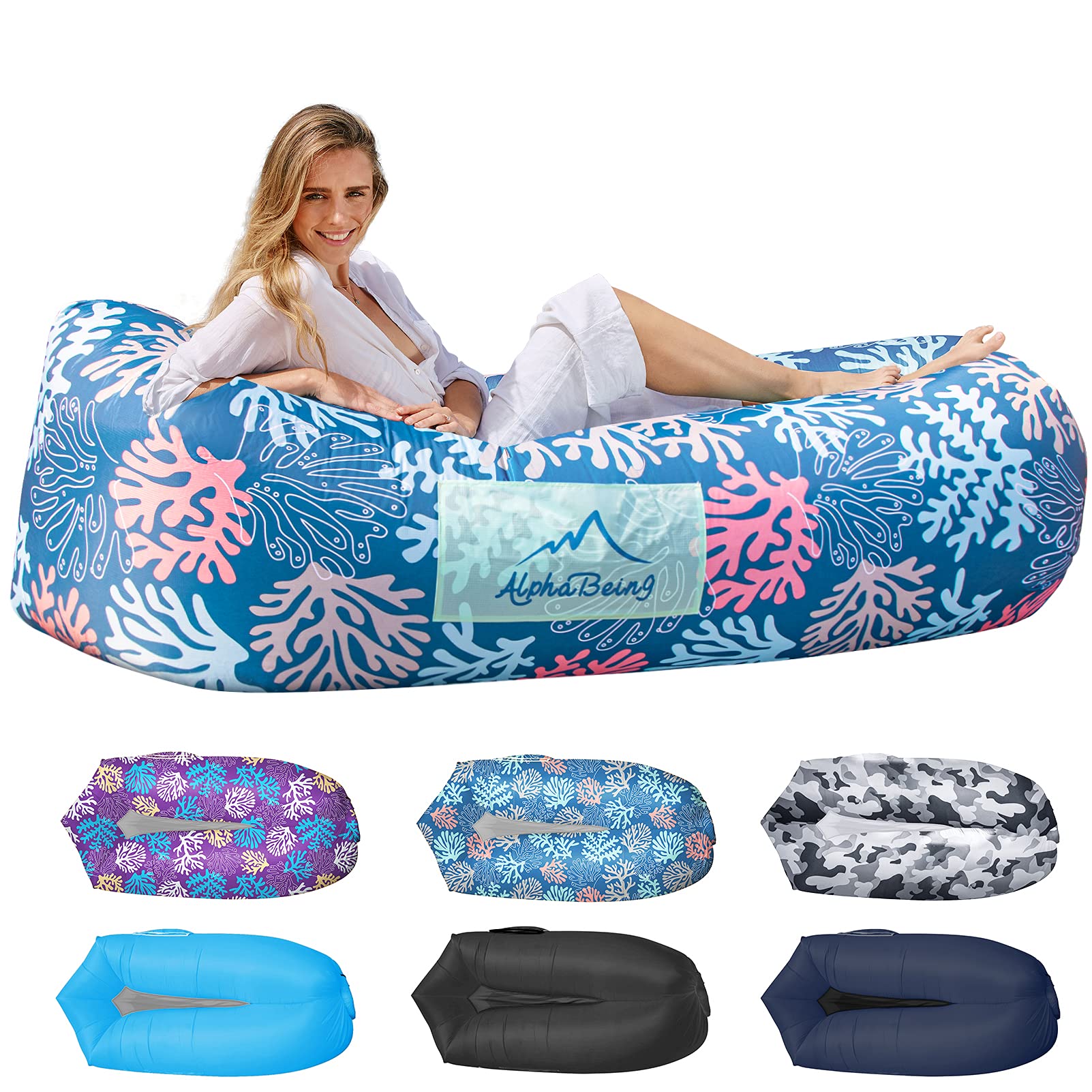 AlphaBeing Inflatable Lounger Air Sofa, Portable Inflatable Couch Mesh Hollow Air Hammock Anti Leakage Air Chair for Outdoor Camping Hiking Beach Traveling (Coral Navy, Large(2 people))