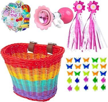 Girls Bike Basket,Wicker Front Handlebar Bike Basket with Horn, Streamers,Stickers,Wheel Spoke Bicycle Decoration for Girls and Boys