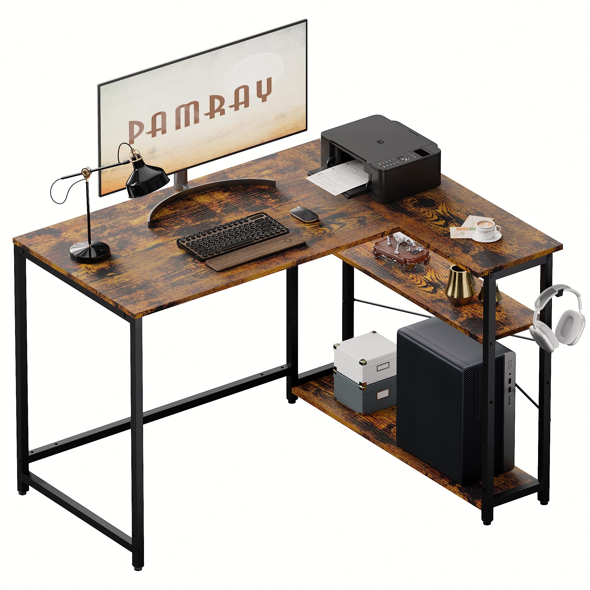Pamray 43 Inch L Shaped Computer Desk with Reversible Side Storage Shelves, Small Corner Desk for Small Space Home Office,Writing Study Table PC Desk for Bedroom,Vintage