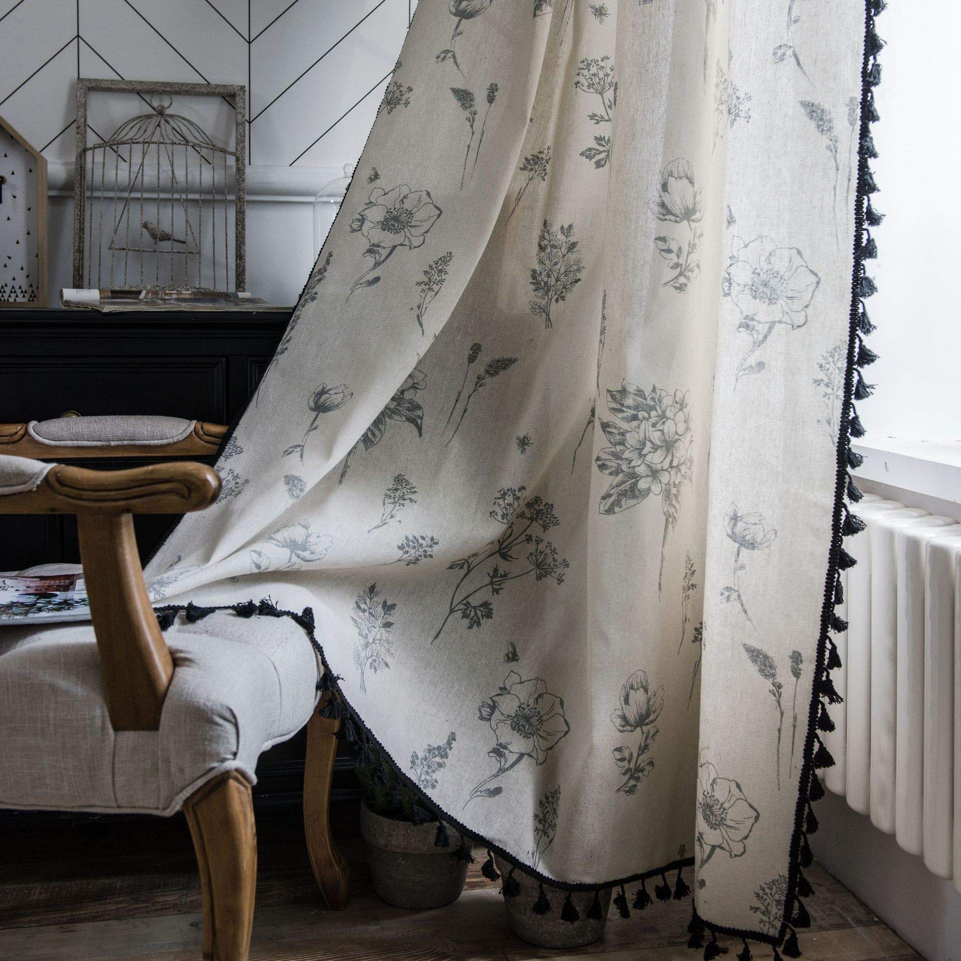 Plancholo Boho Curtain 79 Inch Length Grey Floral Print Farmhouse Semi Sheer Drape with Tassels Cotton Linen Rod Pocket Window Treatment for Living Room Bedroom (1 Panel, 59" W x 79" L)