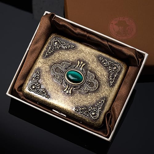 Miniatura 2 de Caja de metal vintage, cobre chapado en metal, capacidad 18-20, adorno esmeralda de imitación de superficie, embalaje de caja de regalo (bronce,