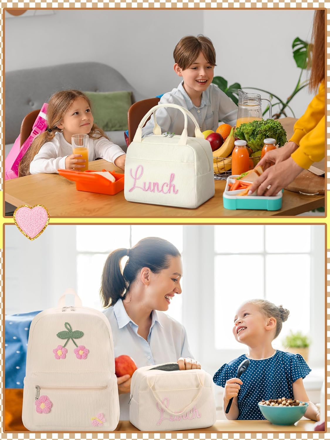 Corduroy School Backpack Set Preppy Book Backpack and Lunch Bag with Crochet Flower for Girl Back to School Gift(Beige) - Image 4