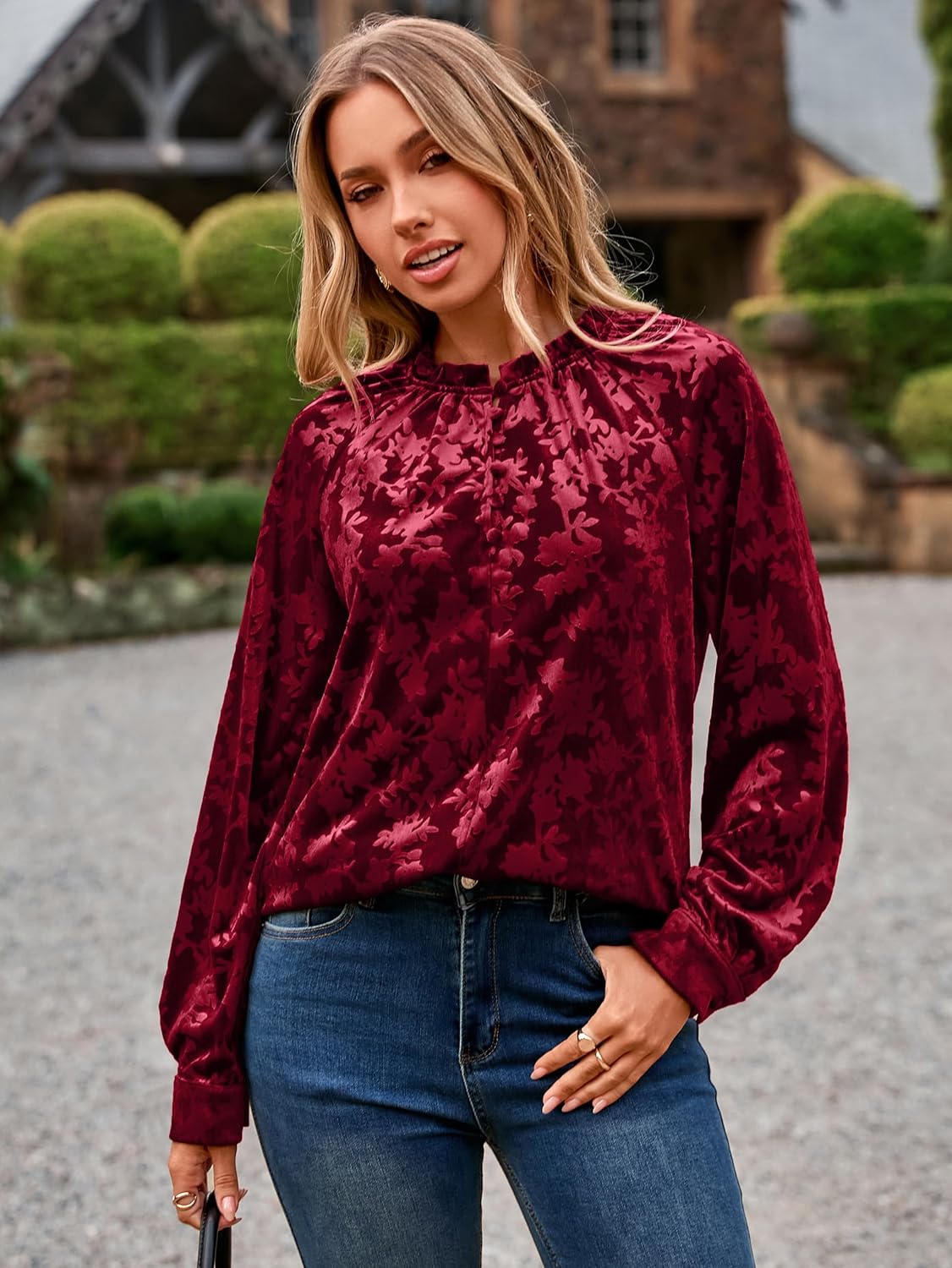 Simplee Velvet Tops for Women Long Sleeve Button Down Shirt Fall Blouses Dressy Casual Holiday Party Outfits 2025 - Image 3