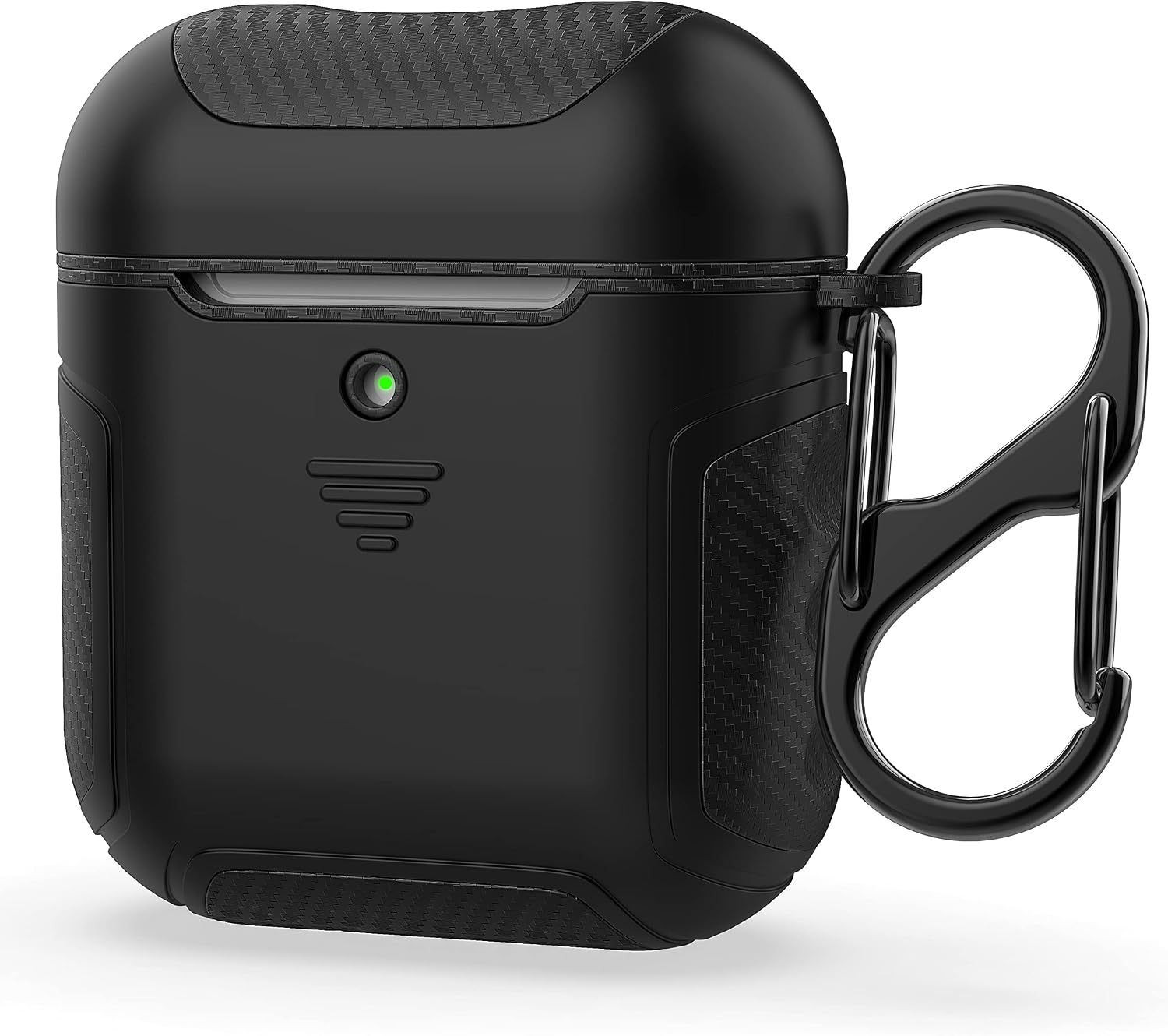 Designed for Airpods Cover Case,ORETECH Designed for Airpods 1&Airpods 2 Case Heavy Duty Hybrid 2 in 1 Protective Hard PC Rubber Carbon Fiber Cover with Carabiner for Airpods 1&2 [LED Visible]- Black