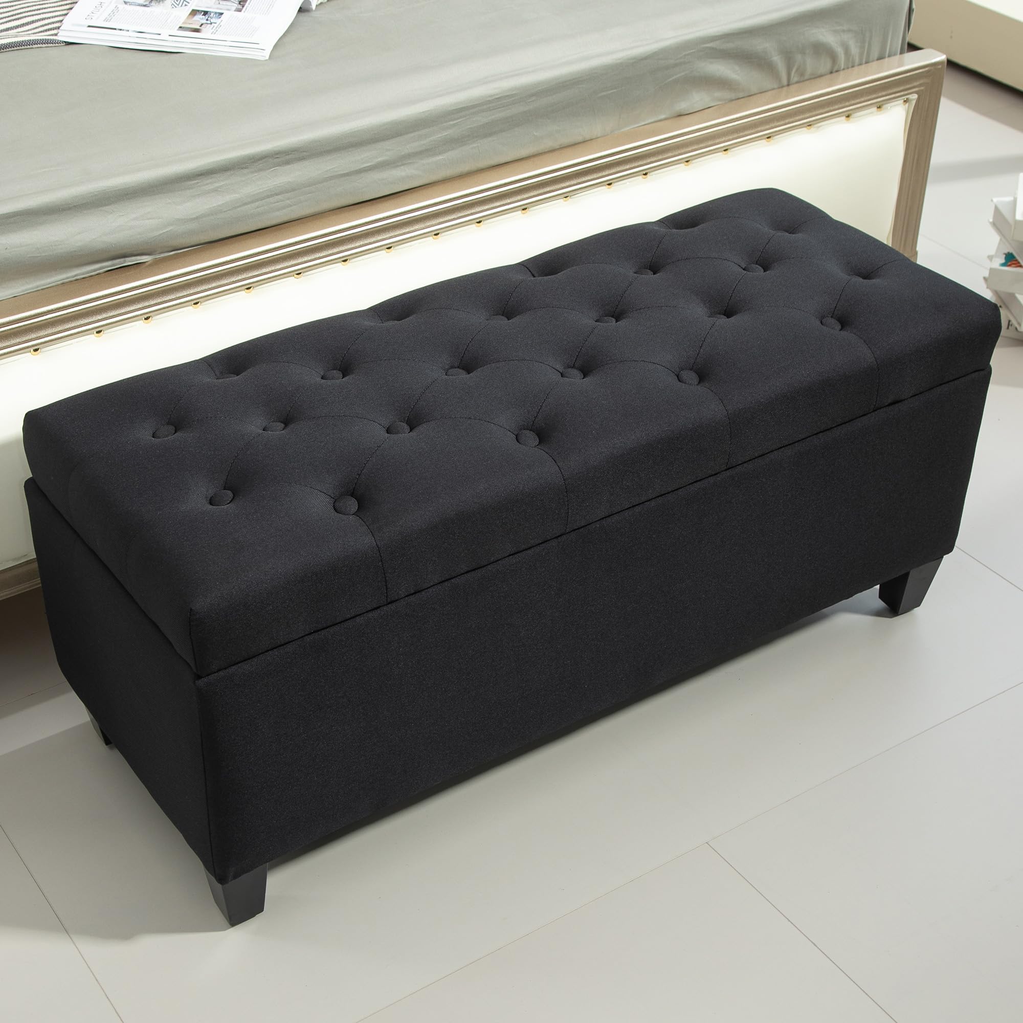 HOMCOM Sitzbank mit Stauraum Polsterbank mit Leinenoptik, Sitztruhe mit Holzbeine, Truhenbank für Wohnzimmer Schlafzimmer Flur 100 x 40 x 44 cm Schwarz