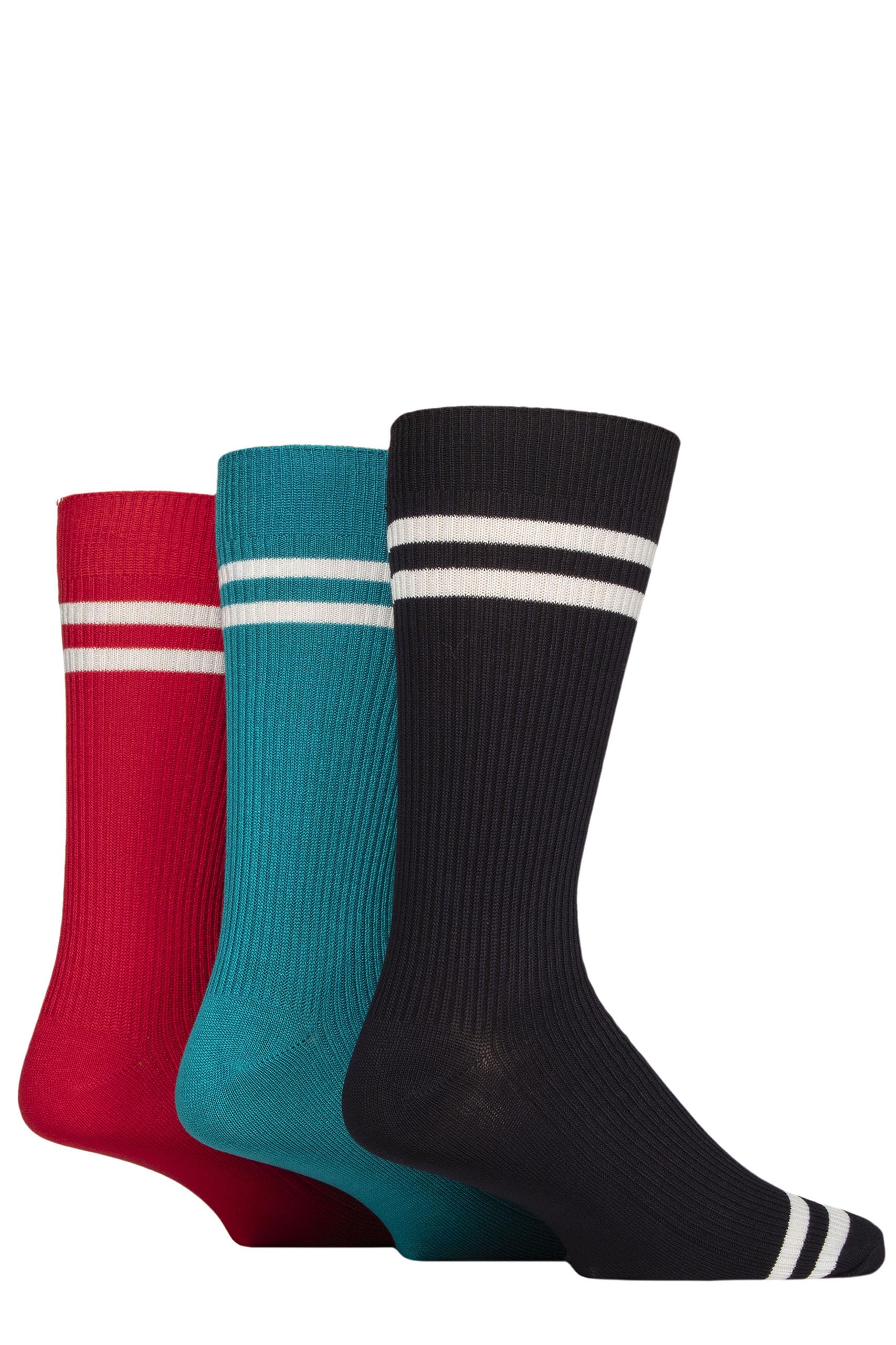 Glenmuir Men's Bamboo Leisure Socks - Plain, Patterned, Striped, Ribbed, Crew Length, Calf Length, Soft, Smooth, Breathable, Cooling, 3 Pair Multipack Size 7-11 Sports Stripes Navy/Teal/Red