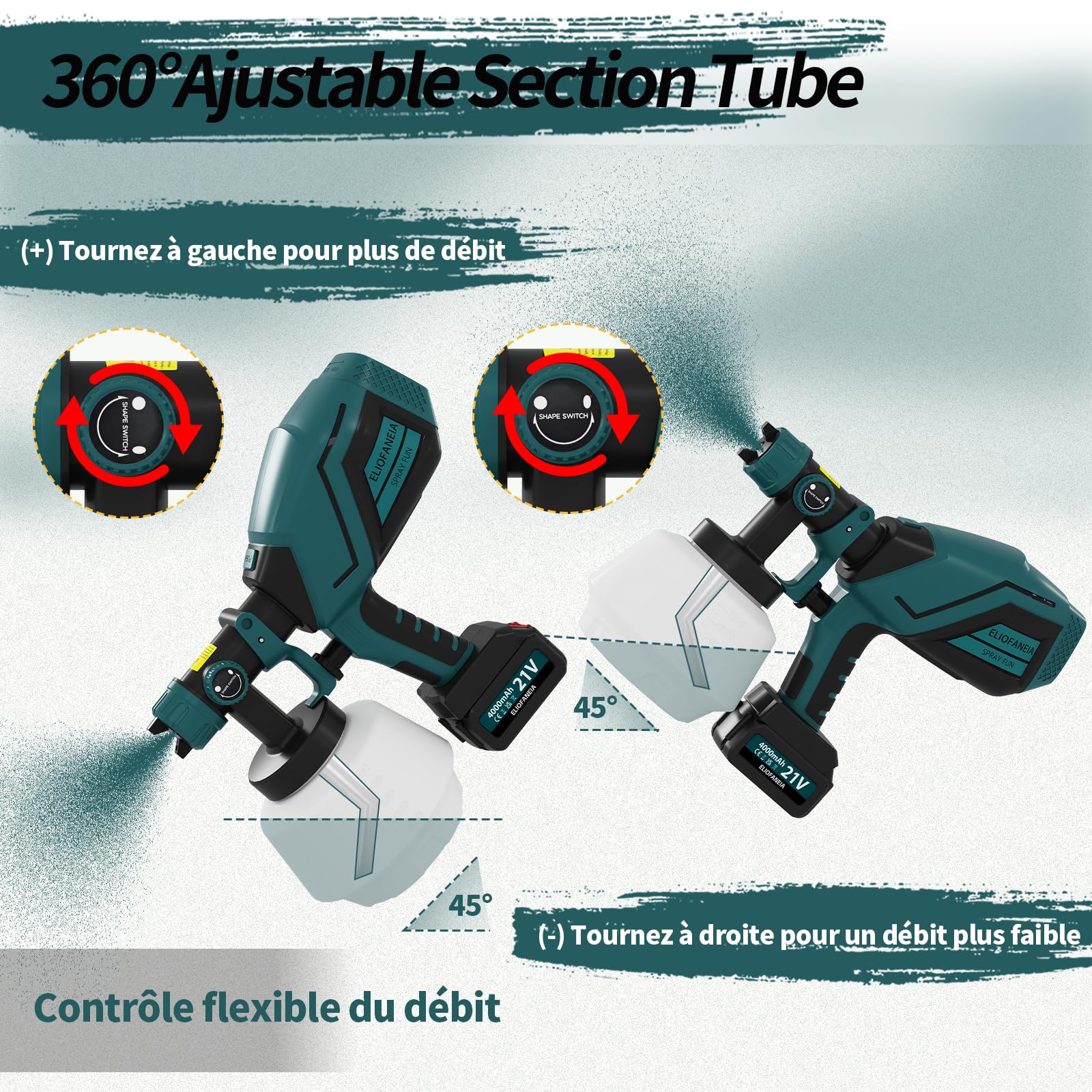Pistolet à Peinture 2 x 4000mAh Batteries Au Lithium et Chargeur 21V, Pulvérisateur Électrique 1200ML HVLP, 5 Buses, 3 Modes de Pulvérisation pour Maison,Armoires,Murs,Meubles