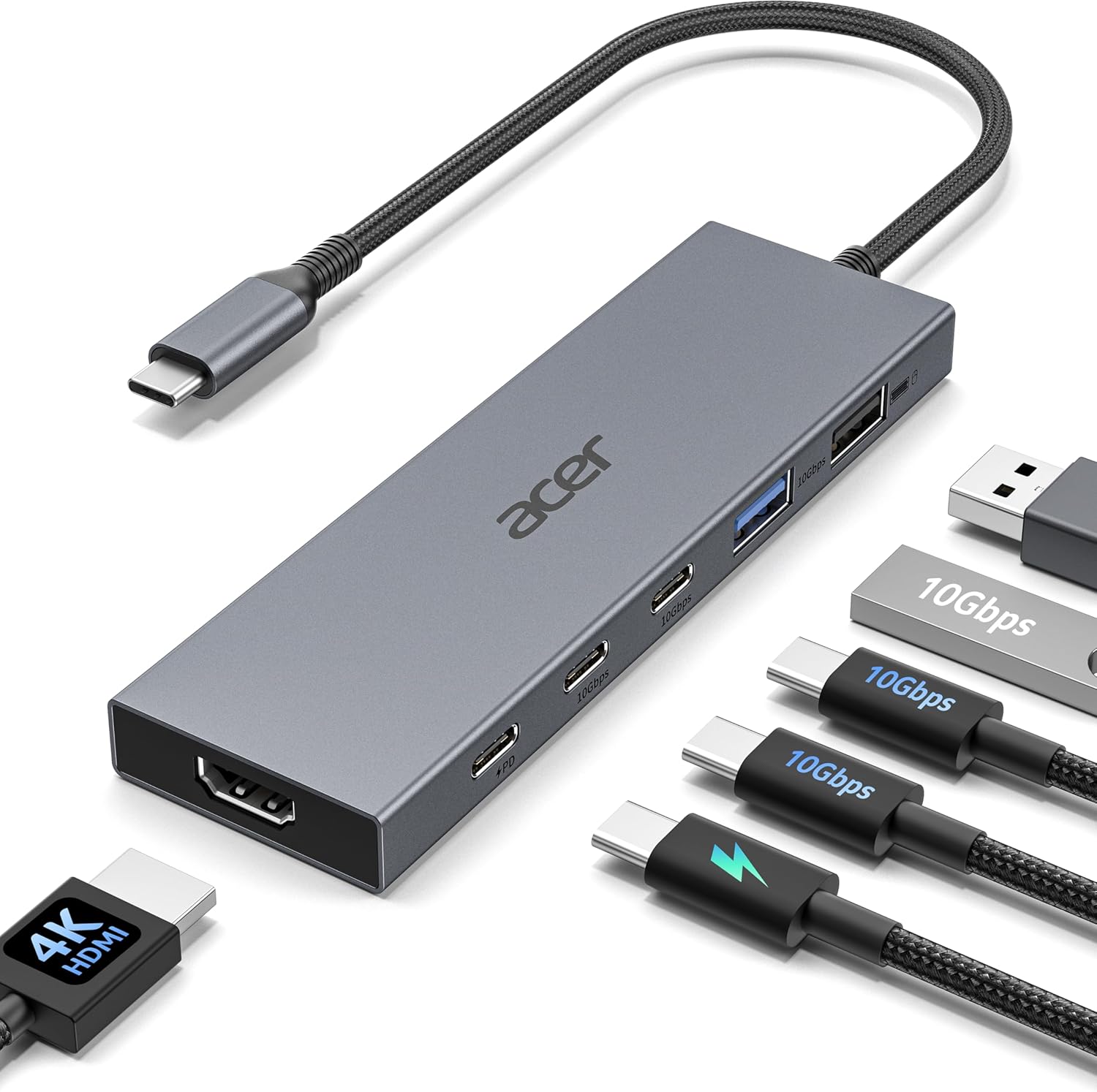 Acer 6-in-1 USB C Hub 10Gbps, USB C to HDMI Adapter 4K@60Hz, 2×USB-C 3.2, 1×USB A 3.2, 1×USB 2.0 Data Transfer, 100W PD Port, Type C Multiport Splitter for Laptop, MacBook Neo/Air/Pro, iPad Pro