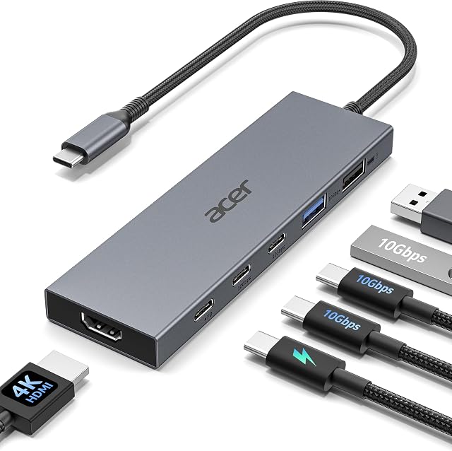 Acer 6-in-1 USB C Hub 10Gbps, USB C à HDMI Adaptateur 4K@60Hz, 2×USB-C 3.2, 1×USB A 3.2, 1×USB 2.0 Transfert de données, 100W PD Port, Type C Multiport Splitter pour Ordinateur portable, MacBook Neo/Air/Pro, iPad Pro