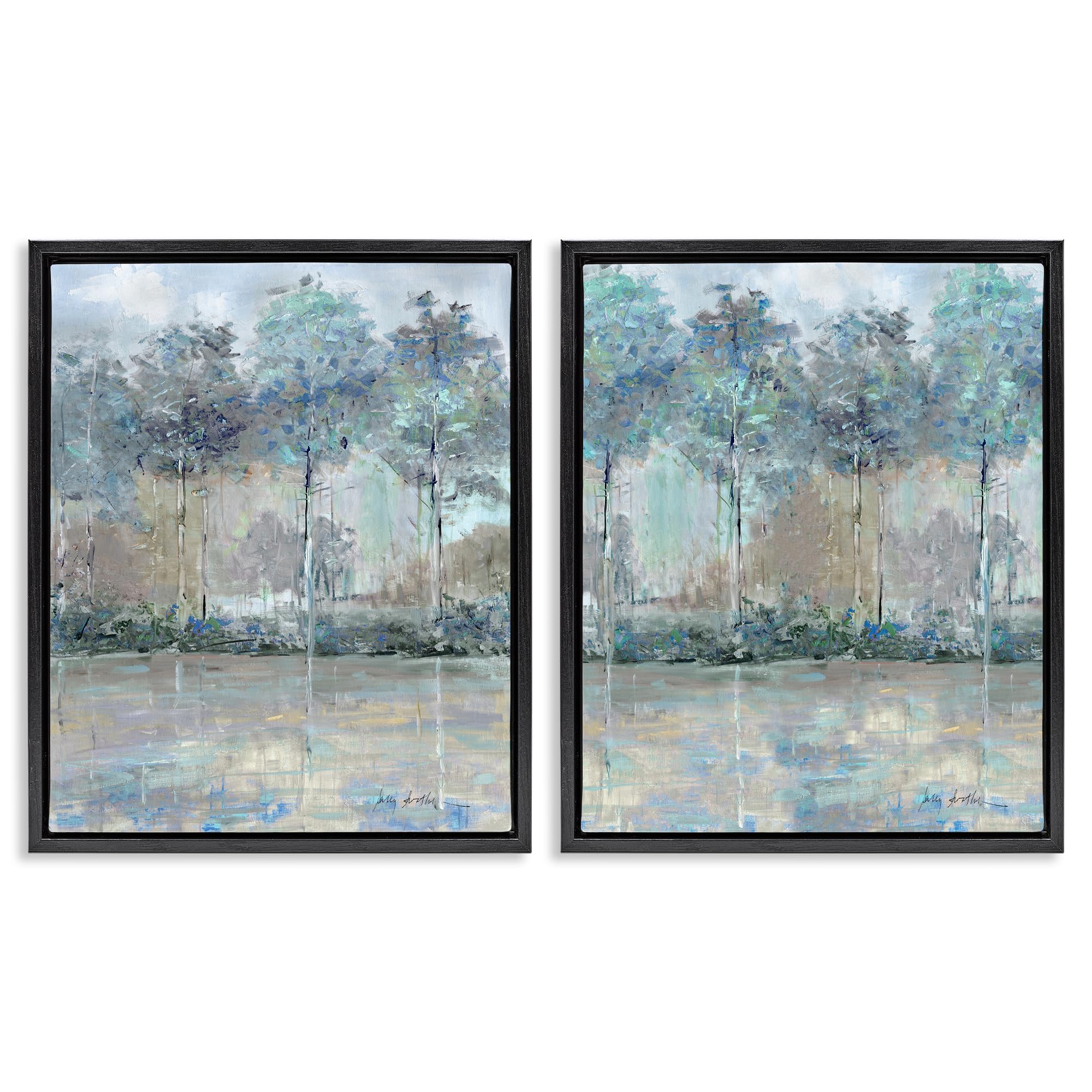 Stupell Industries Tranquil Forest Water Reflection 'Subdued Tree Landscape Impression', 2Pc Floating Frame Art Set 2, Black, 25 X 31 Inches, Easy To Hang And Sturdy, Made In Usa, By Sally Swatland