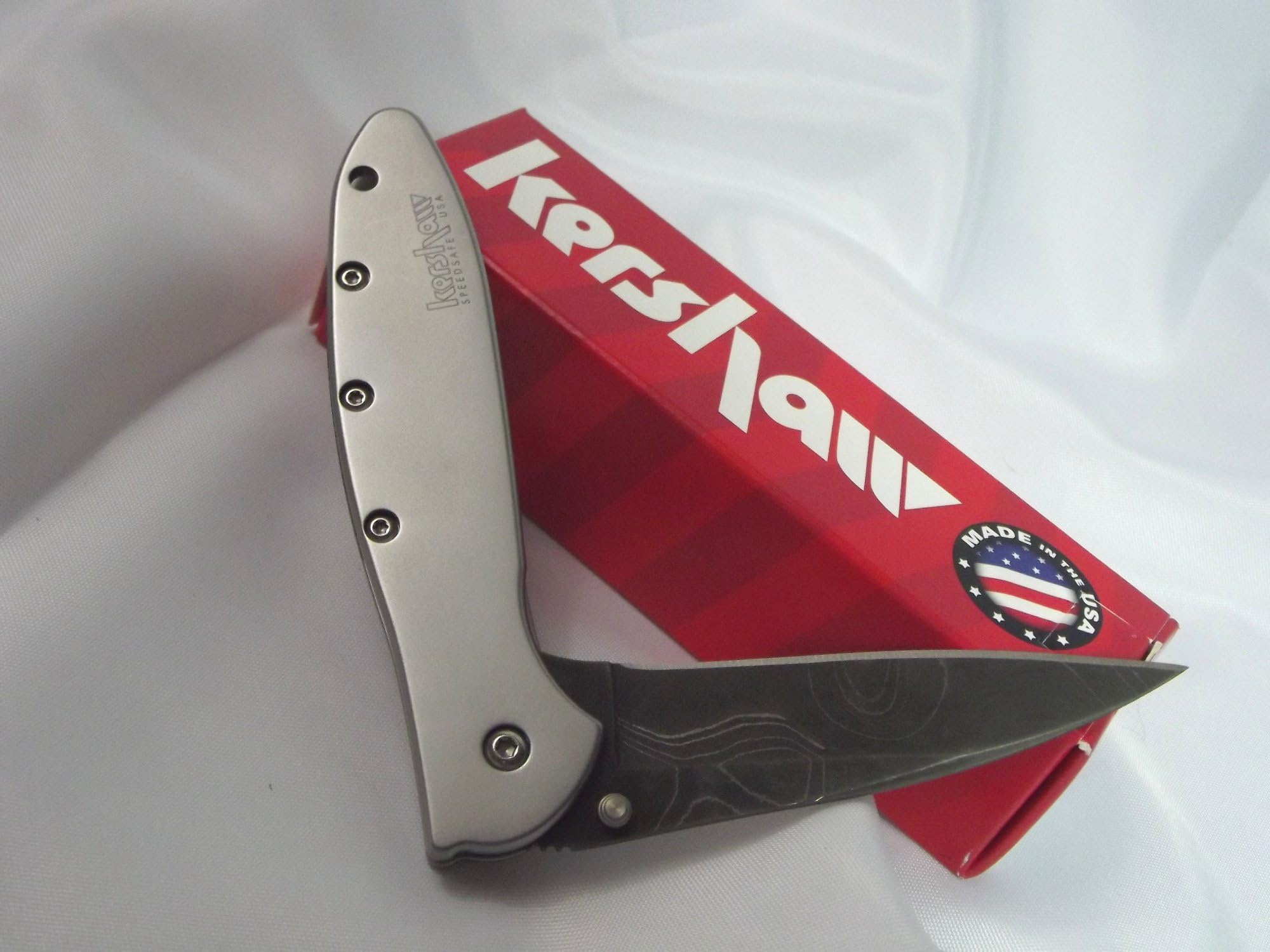 Damascus Steel Kershaw Leek Assisted Opening Knife (3" Wharncliffe Blade) with Gray Stainless Steel Handle Scales and Frame Lock