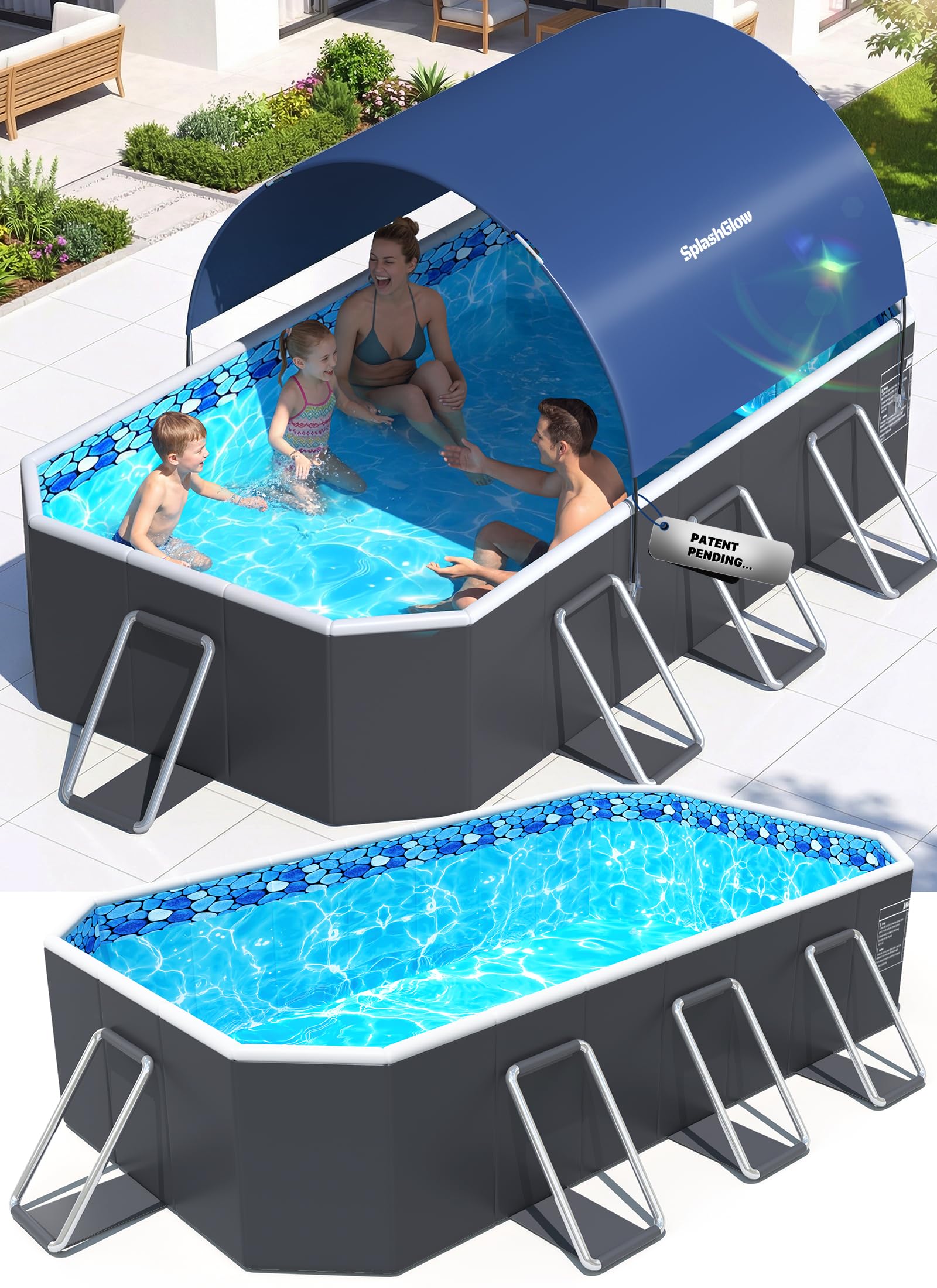 Foldable Pool Non Inflatable Large Pool with Canopy, 90x50x20