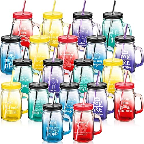 Meanplan 20 unidades de 30 piezas de regalo de agradecimiento a los empleados a granel de 16 onzas taza de vidrio con asas, tapas y pajitas, tazas
