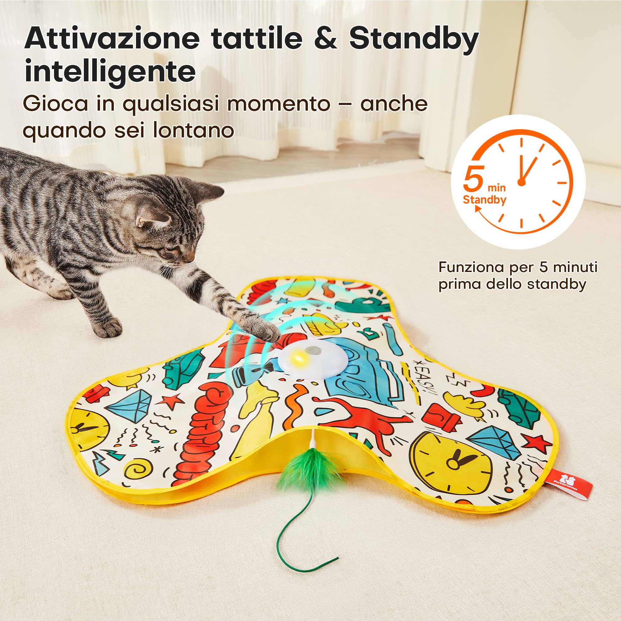 Potaroma Giochi per Gatti Interattivi Ricaricabili – Giocattolo con Piume Nascoste in Movimento, Suono Realistico di Topo, Attivazione al Tocco, per Gattini e Gatti Adulti da Interno Cover Graffiti