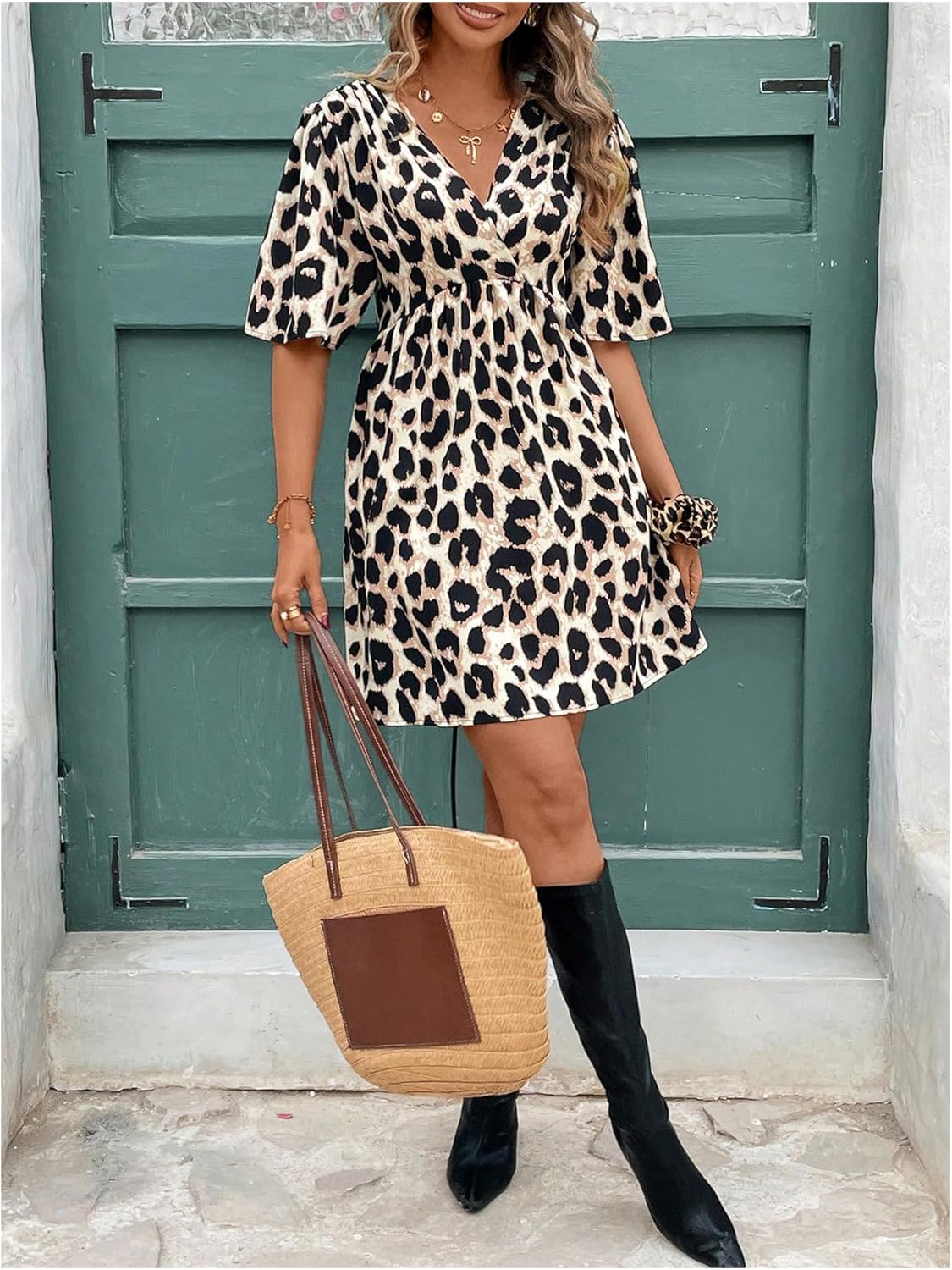 SweatyRocks Women's Leopard Print Bowknot Puff Short Sleeve Dresses Summer Casual V Neck Wrap Front Dress - Image 5