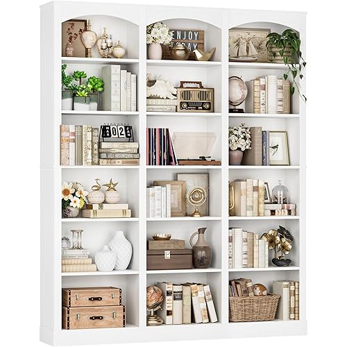 FACBOTALL 71" Triple Wide Bookshelf, 6 Tier Bookcase, Large White Bookshelf with Curved Baffle, 63.4" Wide White Bookcase with 18 Open Display Shelves for Living Room, Study, White