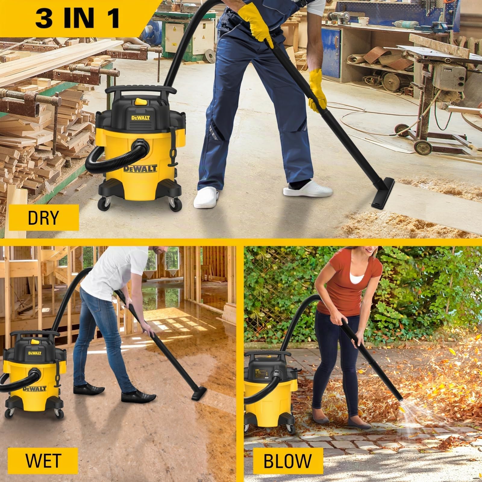 DEWALT 20L Poly Nass-/Trockensauger, Mobiler Nass Trockensaug mit Universalrad, 3 IN 1 mit Blas- und Filterluftfunktion für Baustelle und Werkstatt, DXV20P
