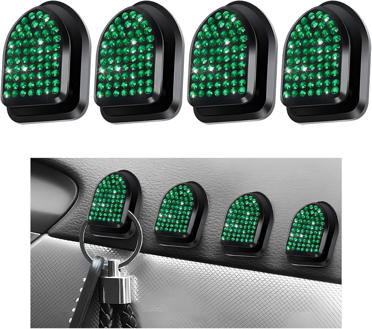 4 PCS Bling Car Mini Hooks, Crystal Rhinestones Auto Storage Hook Mini Adhesive Backseat Hanger, Multifunctional Dashboard Hook Vehicle Interior Organizer for Key Mask Cable (Green)