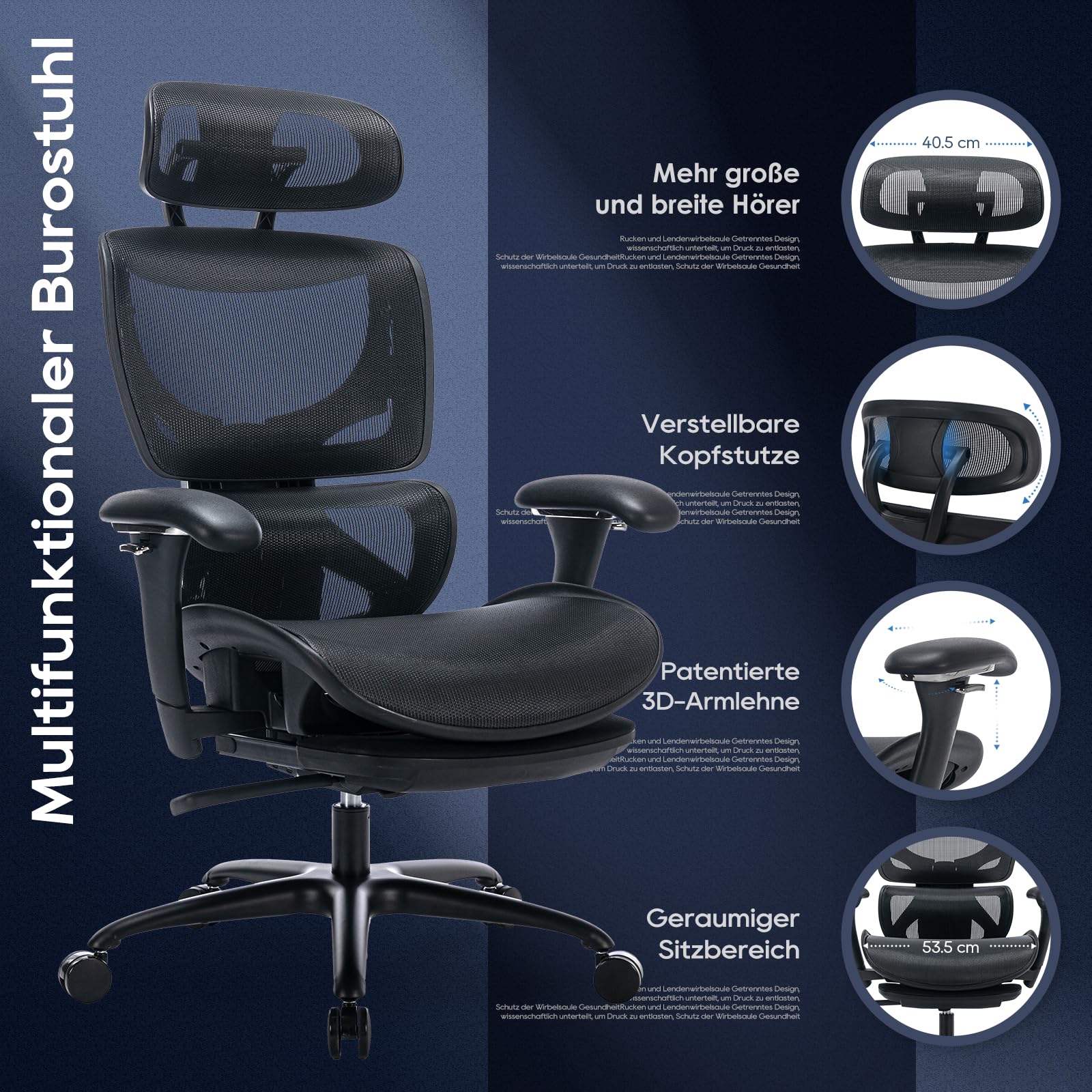 COLAMY Ergonomischer Bürostuhl mit Fußstütze – Chefsessel mit hoher Rückenlehne, Verstellbarer Kopfstütze & 3D-Armlehnen – Atmungsaktives Mesh, dynamische Lendenstütze, höhenverstellbar – Schwarz