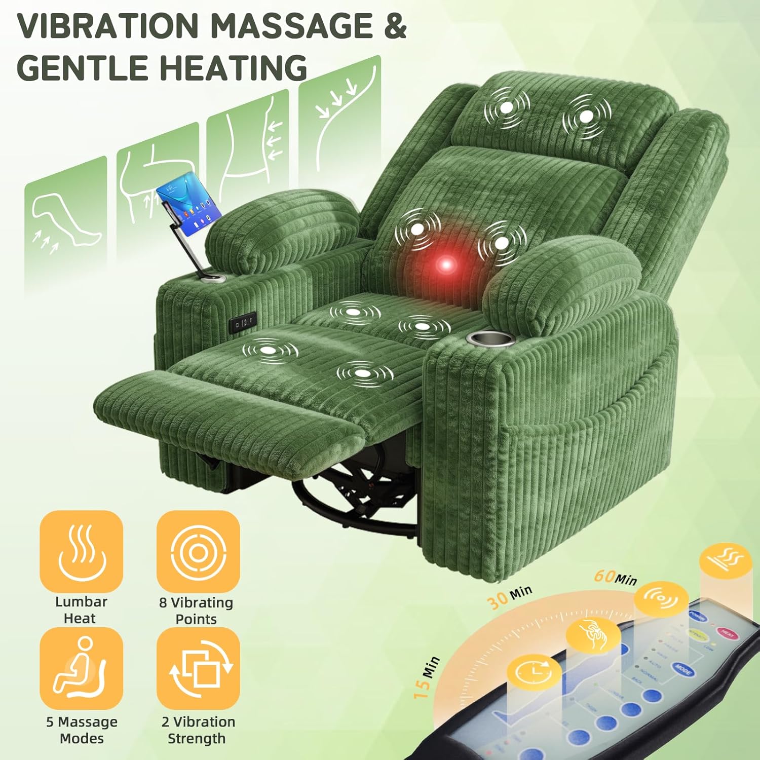 EROMMY Power Oversized Swivel Rocker Recliner with Massage and Heat, Nursery Rocking Chairs for Living Room, Comfy Glider Chair with Cup Holders, Armrest Storage,USB&Type-C Ports,Green