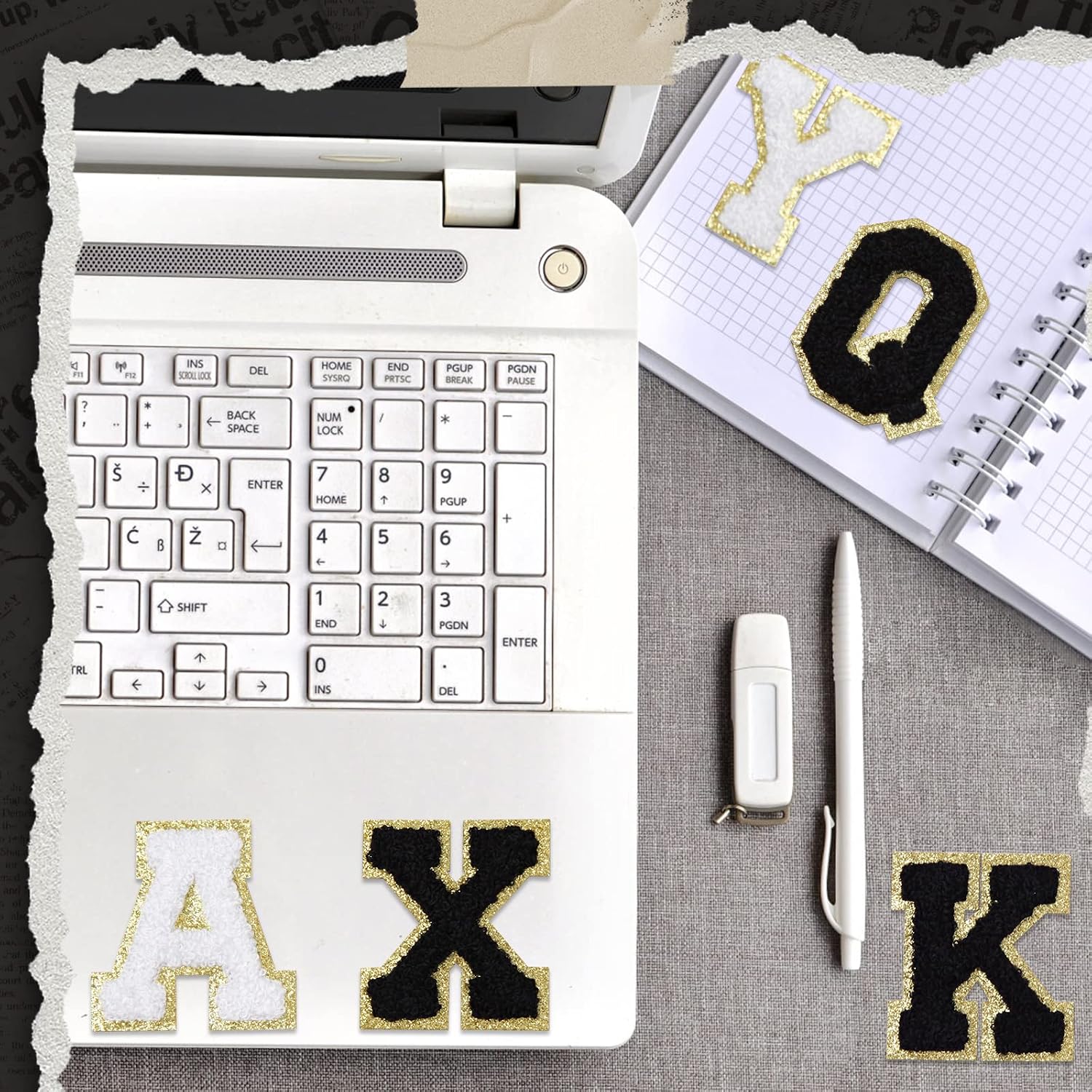 Chenille Letter Patches - 156 Pieces, 6 Set A-Z, Self-Adhesive, Preppy & Varsity Styles for DIY Phone Bags, Backpacks & Hats (White, Black)