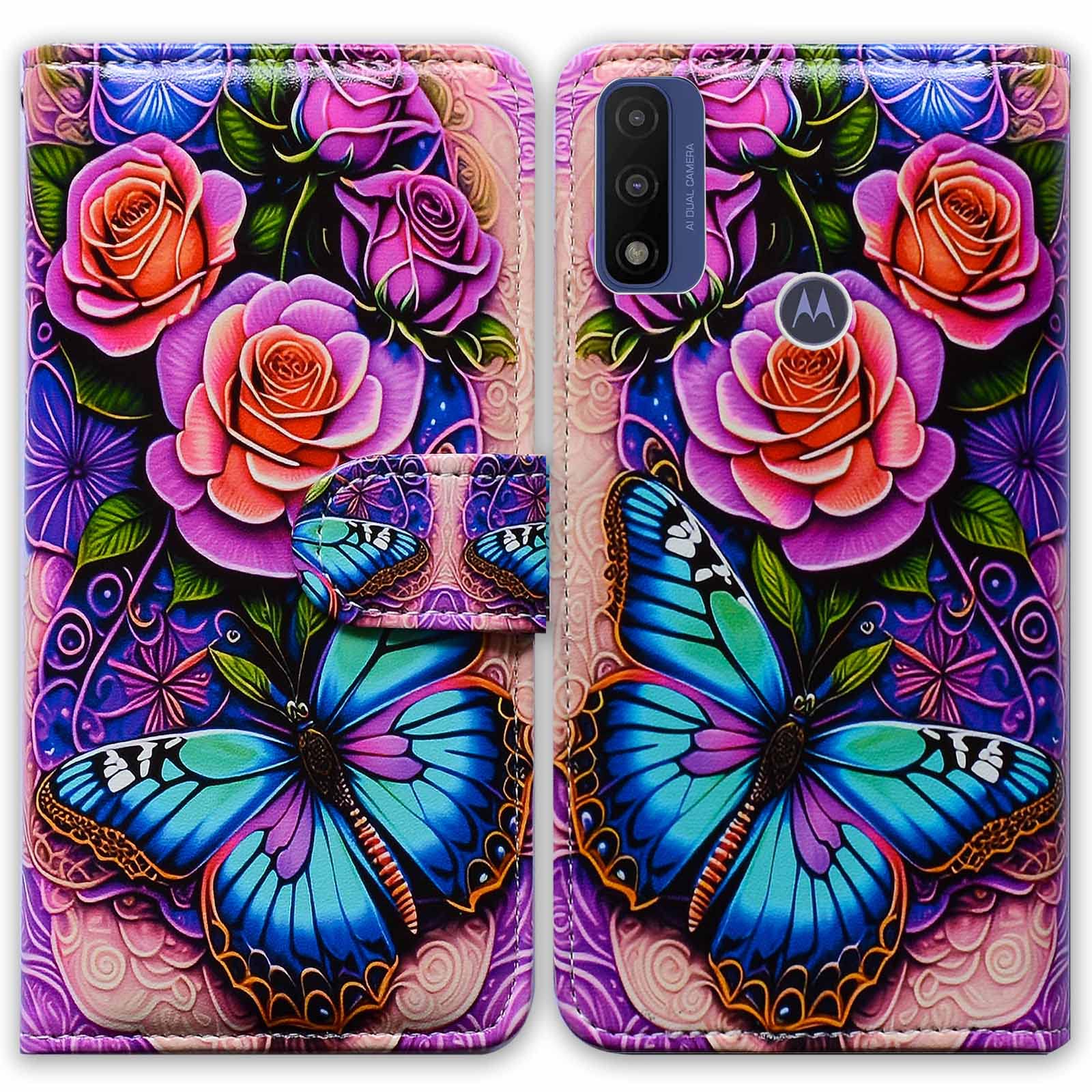 Bcov Moto G Pure Case,Moto G Power 2022 Case,Moto G Play 2023 Case,Blue Butterfly Flowers Rose Leather Flip Phone Case Wallet Cover with Card Slot Holder Kickstand for Motorola Moto G Pure