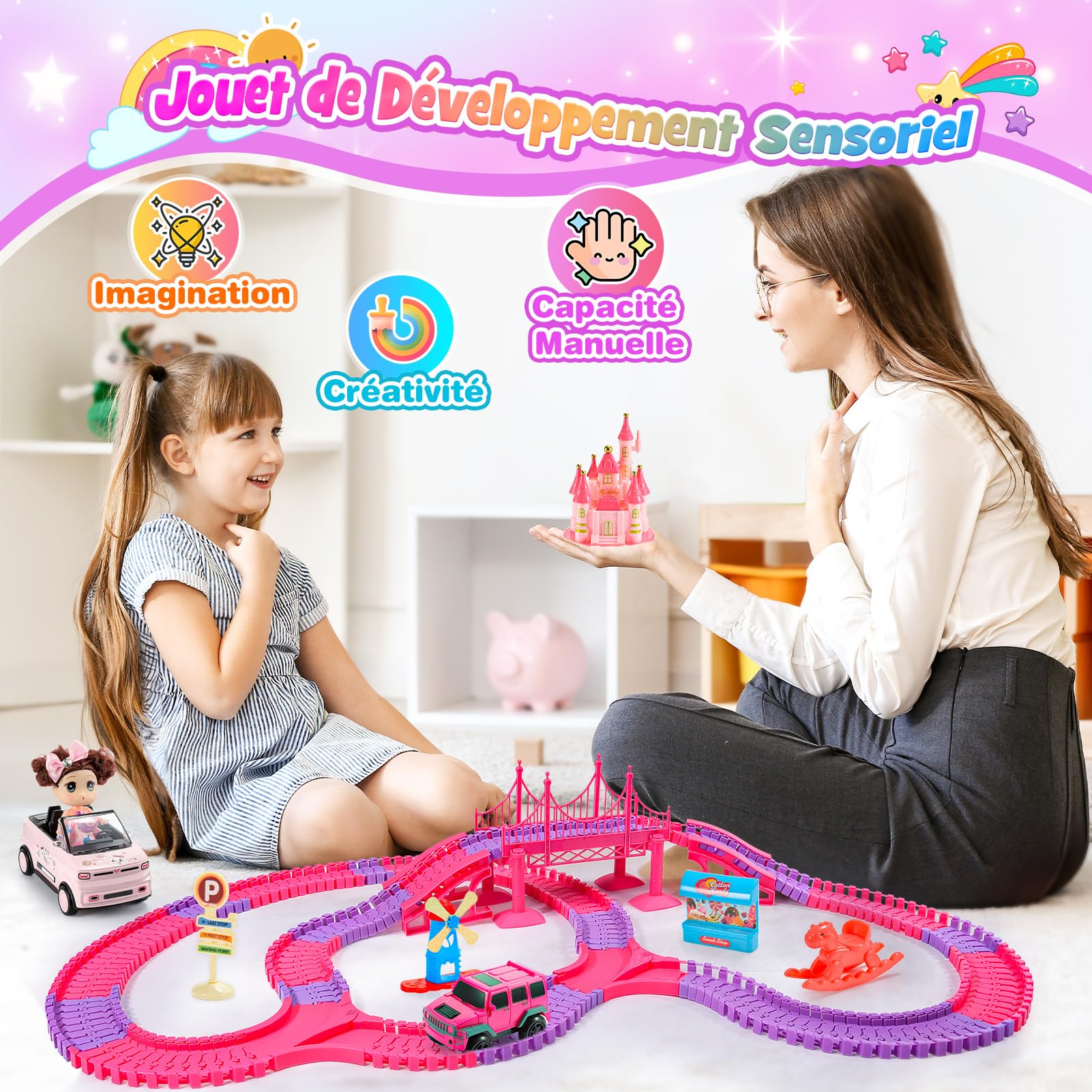 iKidiki Cadeau Fille 3 4 5 6 7 8 Ans, Circuit Voiture Enfant Jouet Fille 3-8 Ans Circuit Voiture Electrique Jeu Fille Train Electrique Enfant Cadeau Fille 3-8 Ans Anniversaire Cadeau Noël