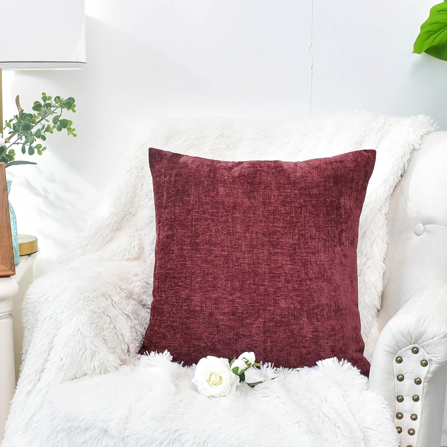 CaliTime Pack of 2 Cozy Throw Pillow Covers Cases for Couch Sofa Home Decoration Solid Dyed Soft Chenille 18 X 18 Inches Burgundy : Home & Kitchen