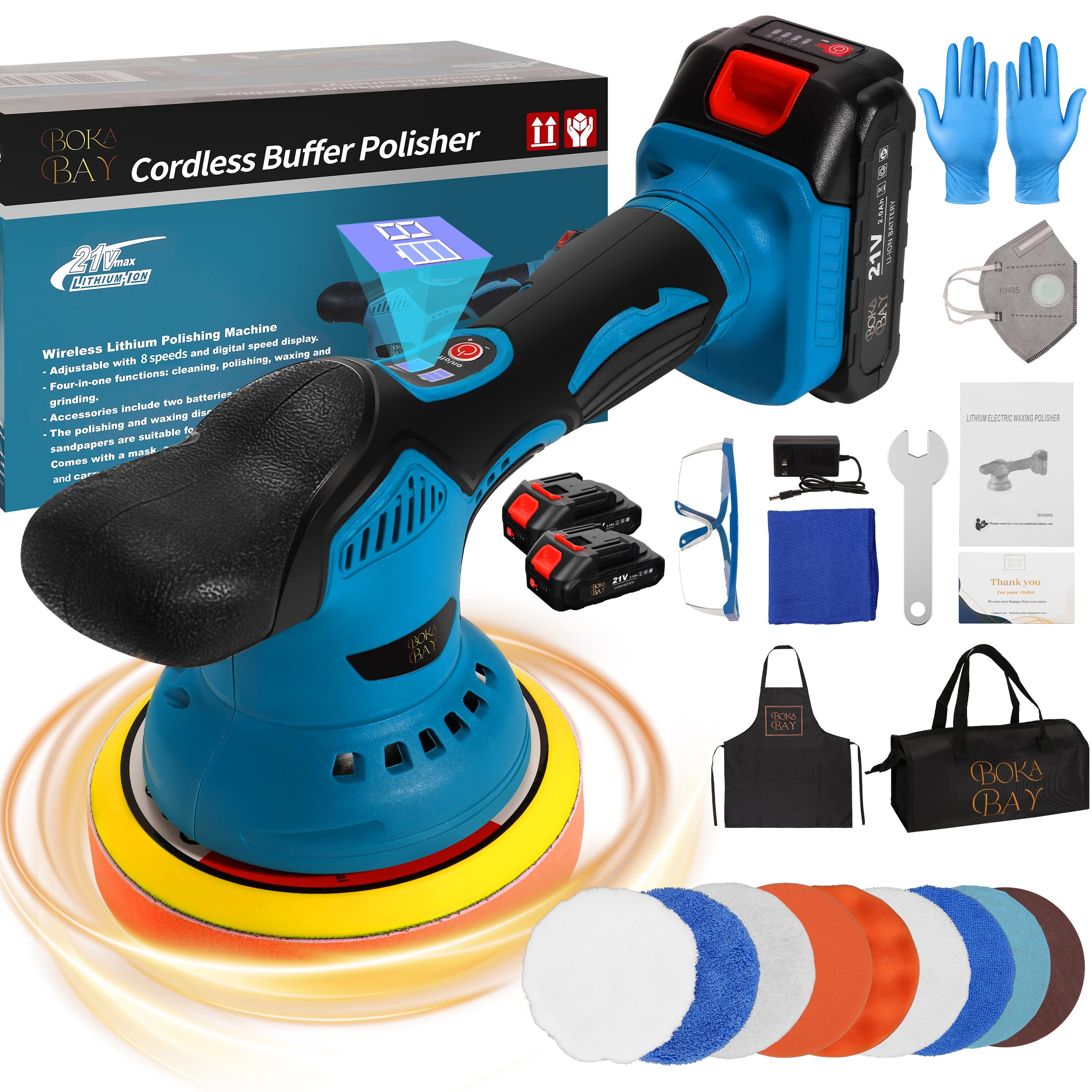 Boka Bay Cordless Car Buffer Polisher Kit with 21V 2x2000mAh Batteries & 9 Pcs Attachments, Car Polisher with 8 Variable Speed 2800-5500RPM, Orbital Polisher for Detailing, Sanding, Scratch Removing