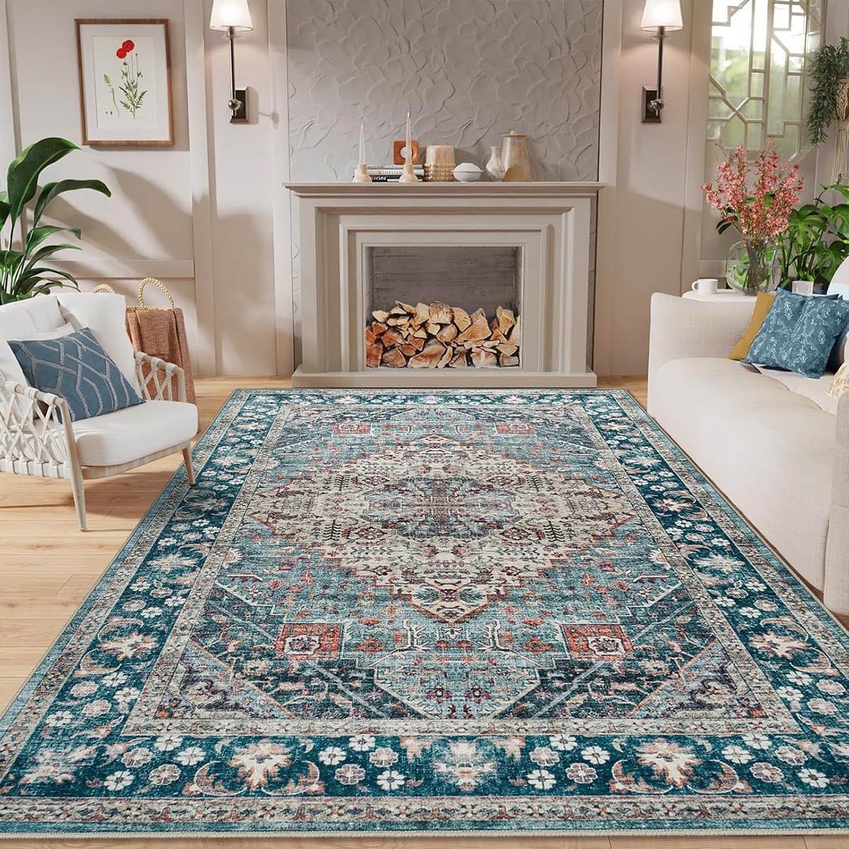 Tapis Vintage Lavable Poils Ras Résistant Eau Salon Cuisine SSWH