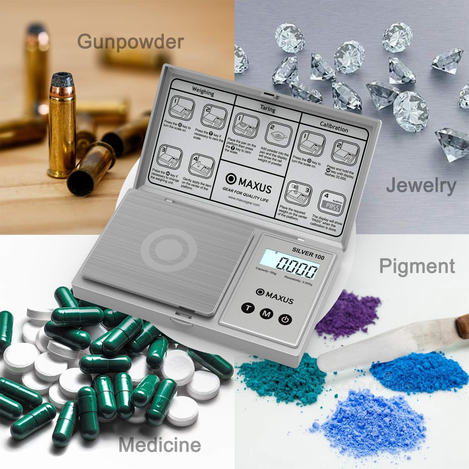 MAXUS Digital Reloading Scale 1500 Grains x 0.1gn with Calibration Weight, Powder Tray and a Handy Powder Scoop, 100g x 0.005g Gram Scale Grain Scale Pocket Scale Arrow Scale Archery Scale